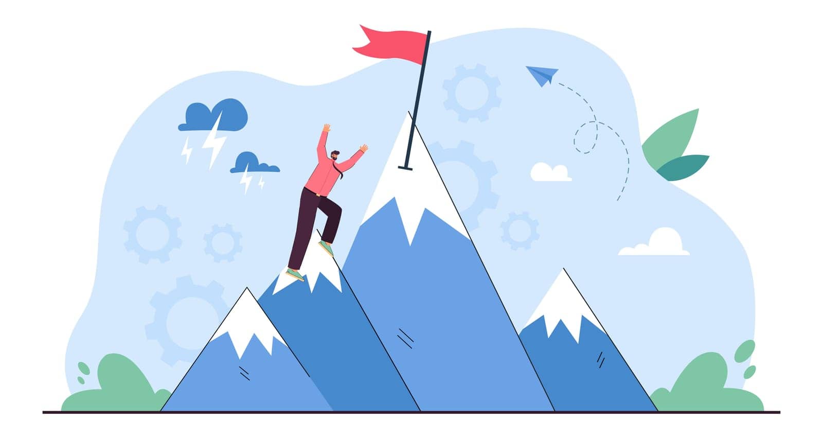 Perseverance in achieving business goal of businessman. Tiny brave man climbing mountain top to flag with effort and belief of victory flat vector illustration. Ambition, success strategy concept