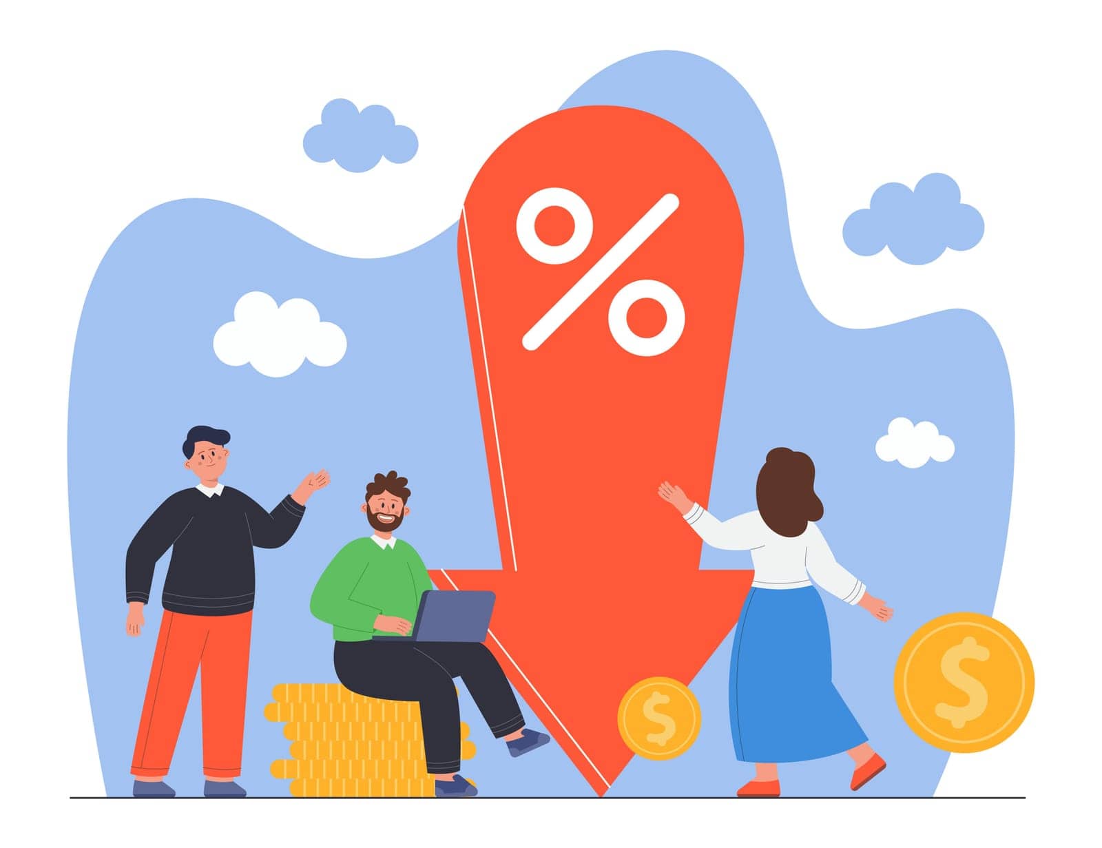 Tiny male and female characters standing near arrow down showing percentage decrease. Financial reduction flat vector illustration. Low rate, special offer, loan, discount price concept