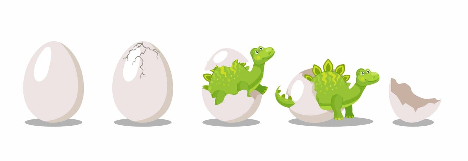 Stages of hatching dinosaur from egg cartoon illustration set. Funny green dino or dragon in egg shell on white background. Birth, extinct reptile, carnivore concept