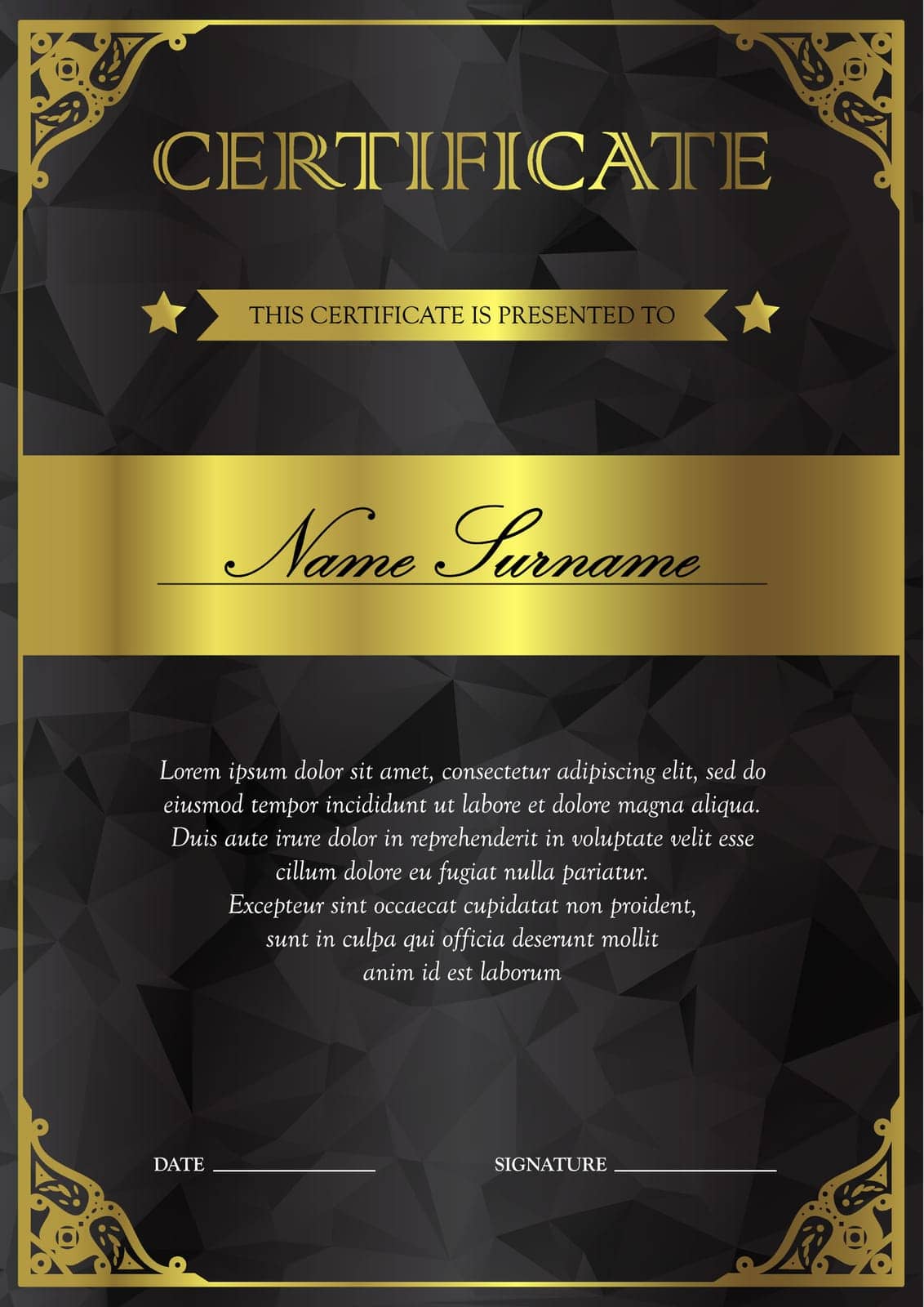 Vertical black and gold certificate and diploma template with vintage, floral, filigree and cute pattern for winner for achievement. Blank of award coupon. Vector