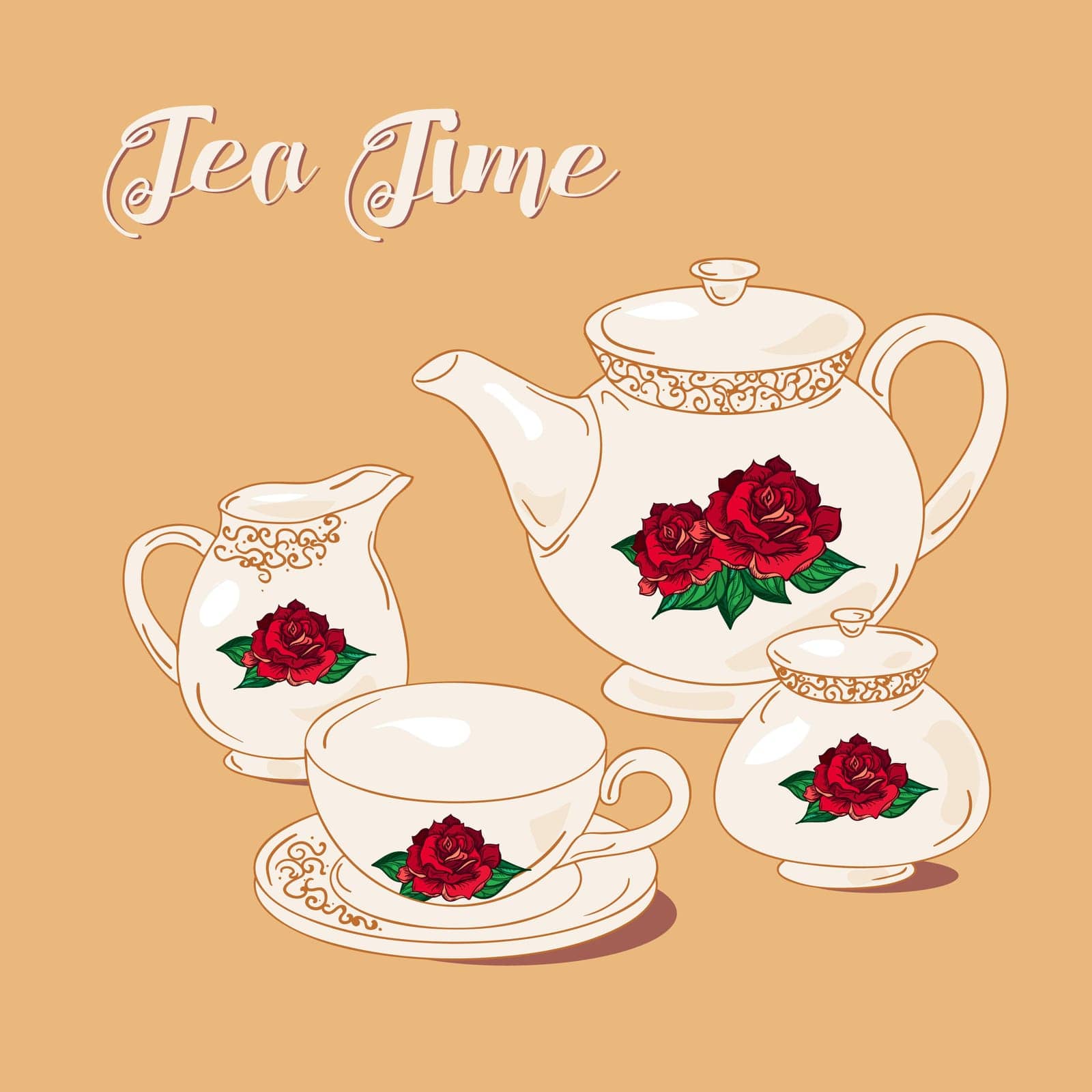 Tea Time and Tea Set in vintage style. Traditional english tea with floral dishware from rose. Vector