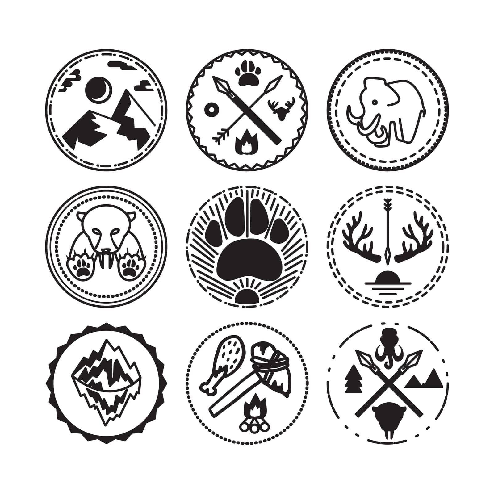 Nature and historical badges set with tiger, mountain, sun, mammoth and antique guns. Expedition and geological research sticker. Ice age. Vector