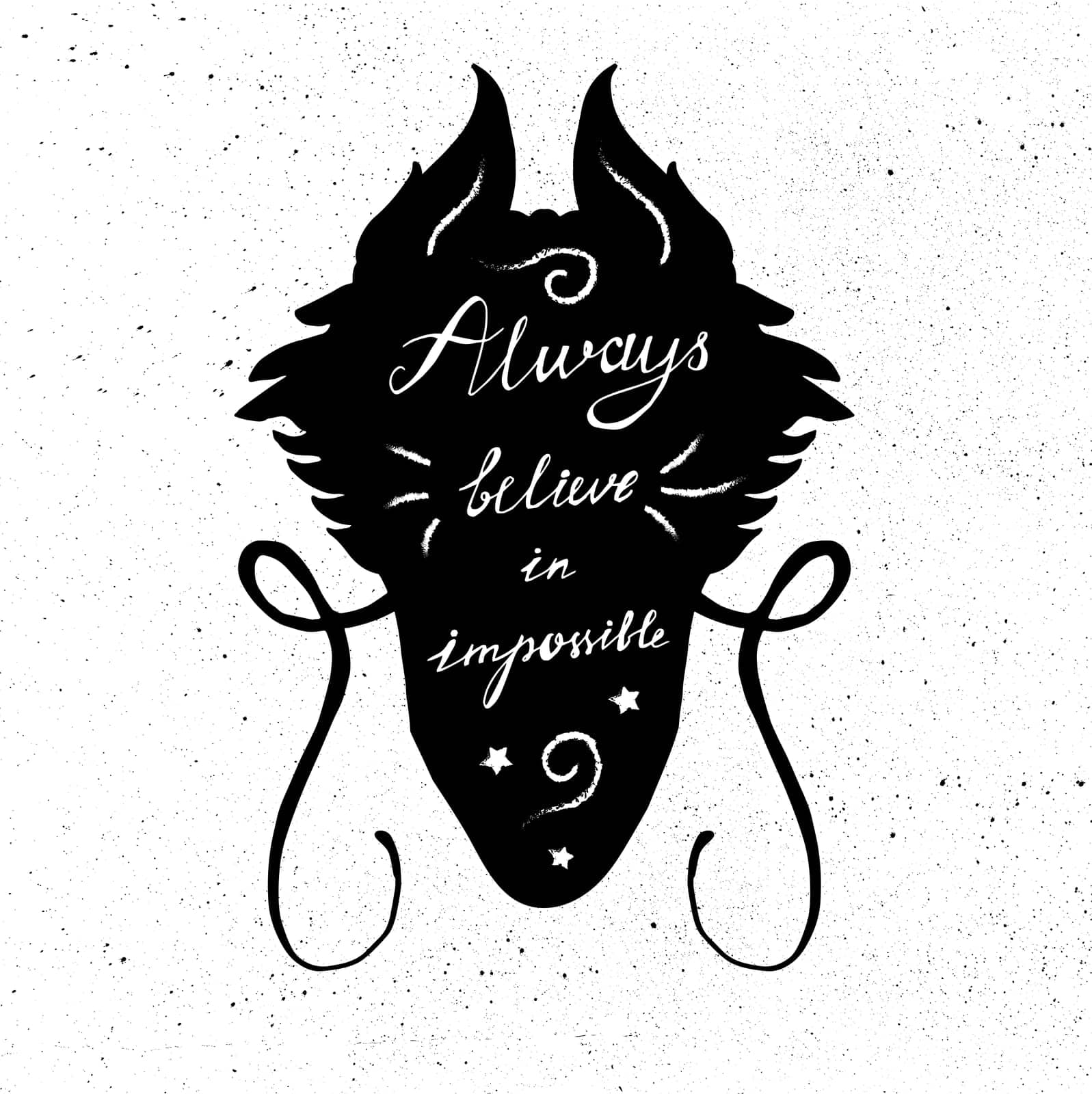 Lettering motivation poster. Quote about dream in dragon head silhouette for fabric, print, decor, greeting card. Always believe in the impossible. Vector