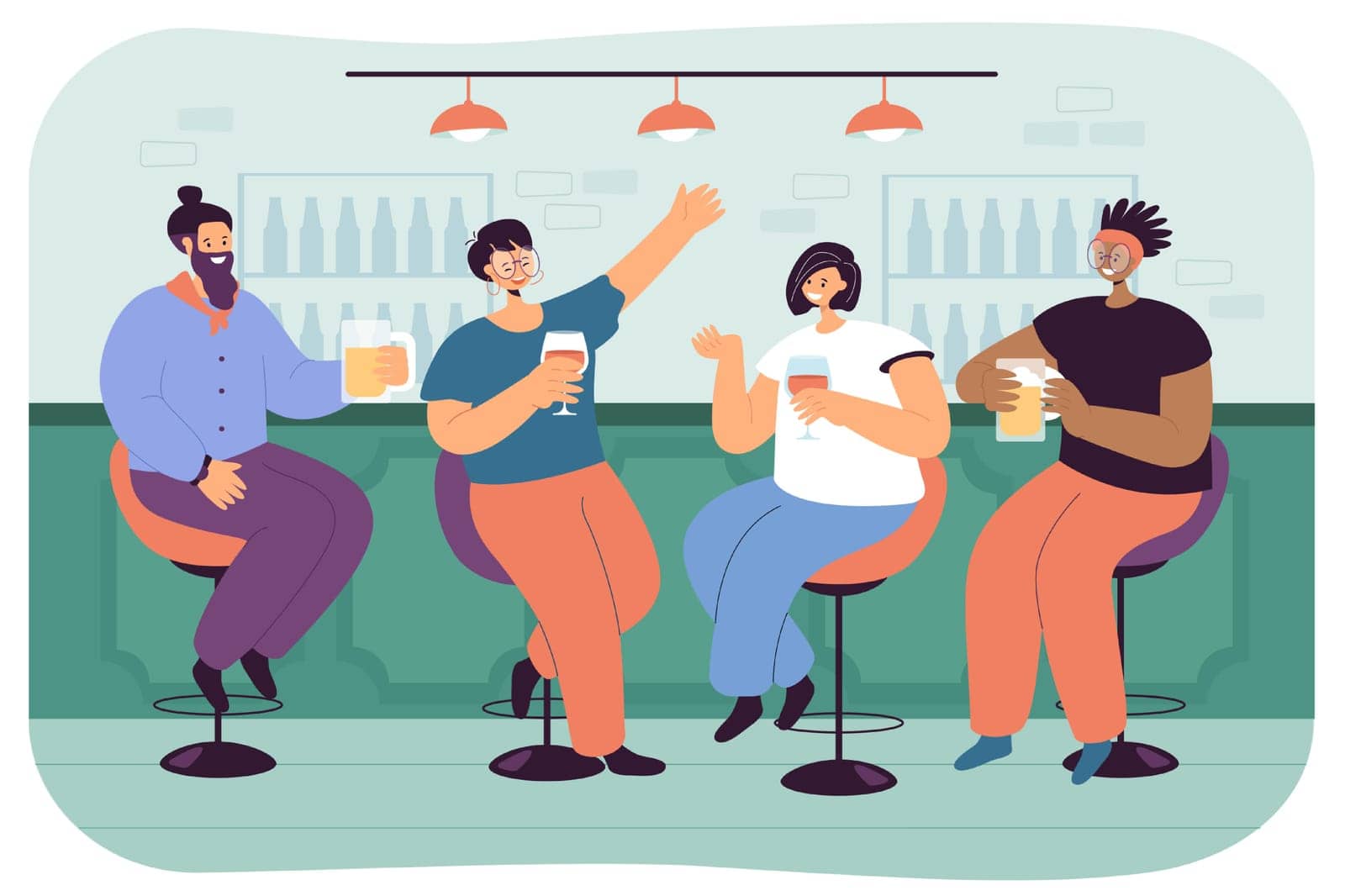 Happy friends drinking beer and wine in pub. People sitting at bar and having alcoholic drinks flat vector illustration. Celebration, relaxation concept for banner, website design or landing web page
