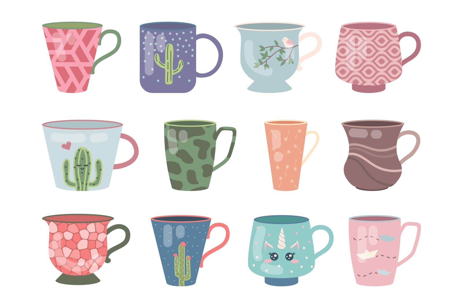 Modern ceramic or porcelain cups cartoon illustration set. Cute colorful mugs with flowers and doodle pattern for coffee, tea, matcha or different beverages. Crockery for home or cafe, kitchen concept