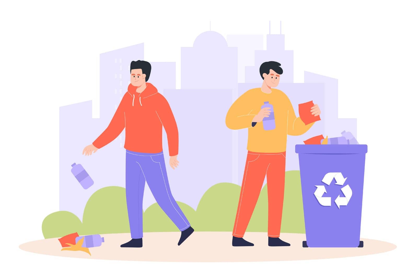 Right and wrong approach to throwing away trash. One man disposing waste on ground, another person throwing plastic or rubbish in recycling can flat vector illustration. Ecology, environment concept
