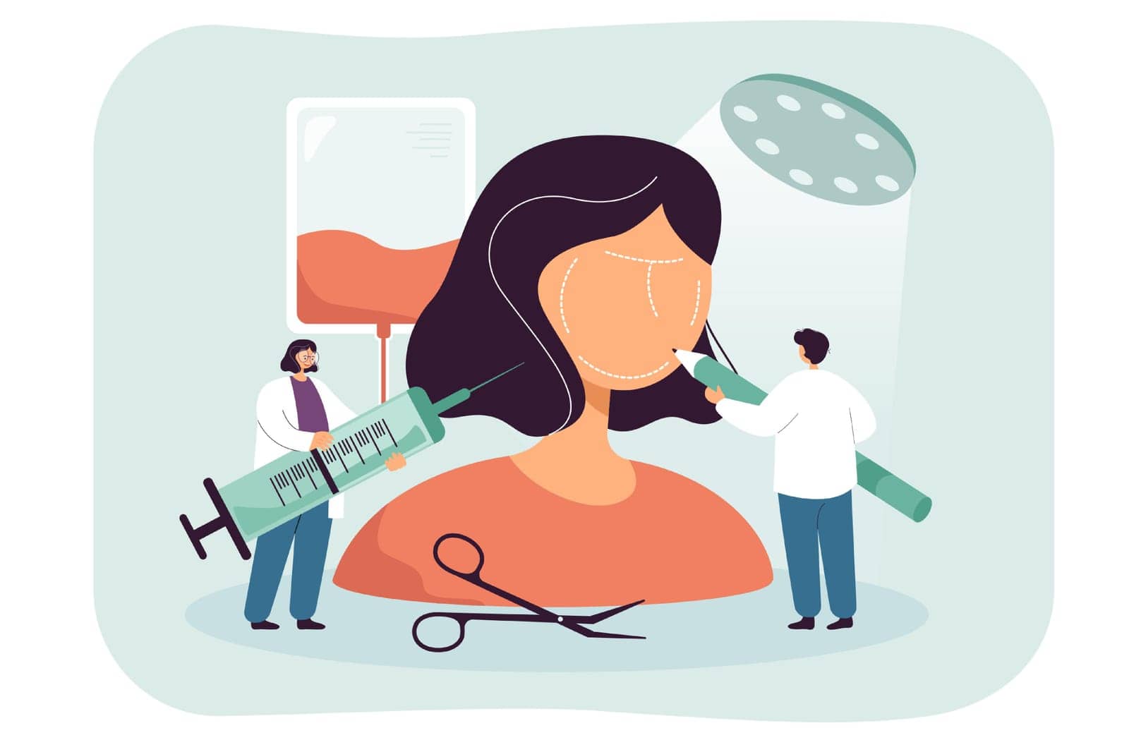 Tiny medical professionals examining huge face of woman. Cartoon persons with operation equipment in clinic flat vector illustration. Plastic or cosmetic surgery, beauty, healthcare concept for banner