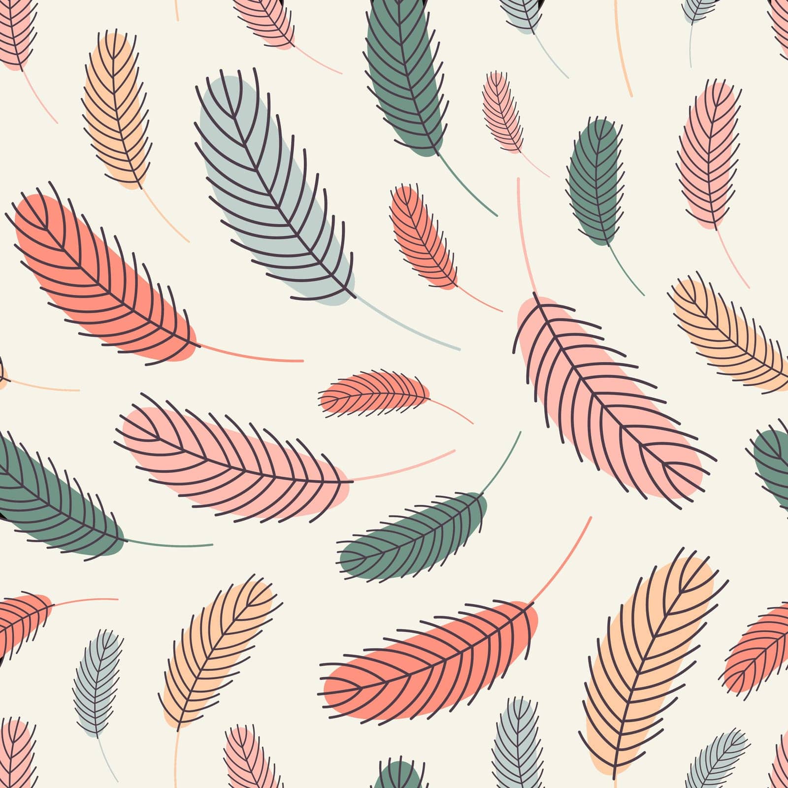 Bird feathers seamless pattern. Pattern with feathers. Vector flat illustration. Design for textiles, packaging, wrappers, greeting cards, paper, printing.