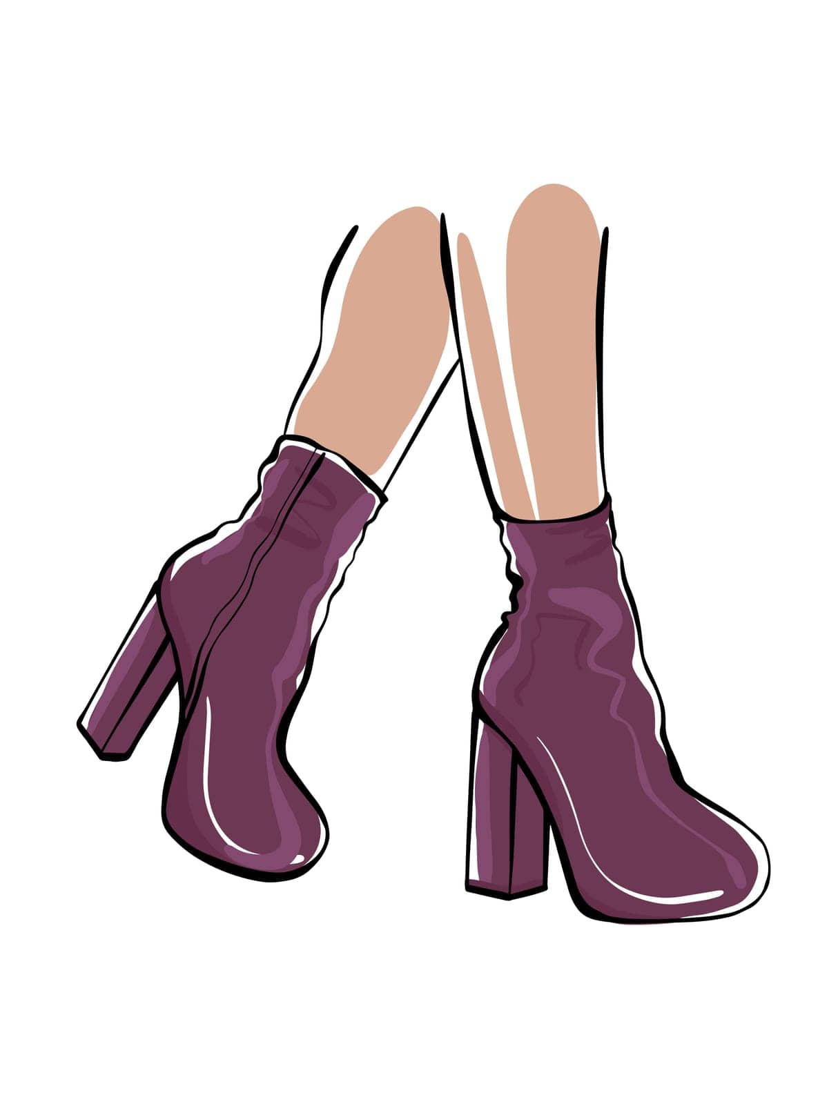 Womens feet in high-heeled boots. Fashion illustration. Womens legs. Stylish womens shoes Sketch.