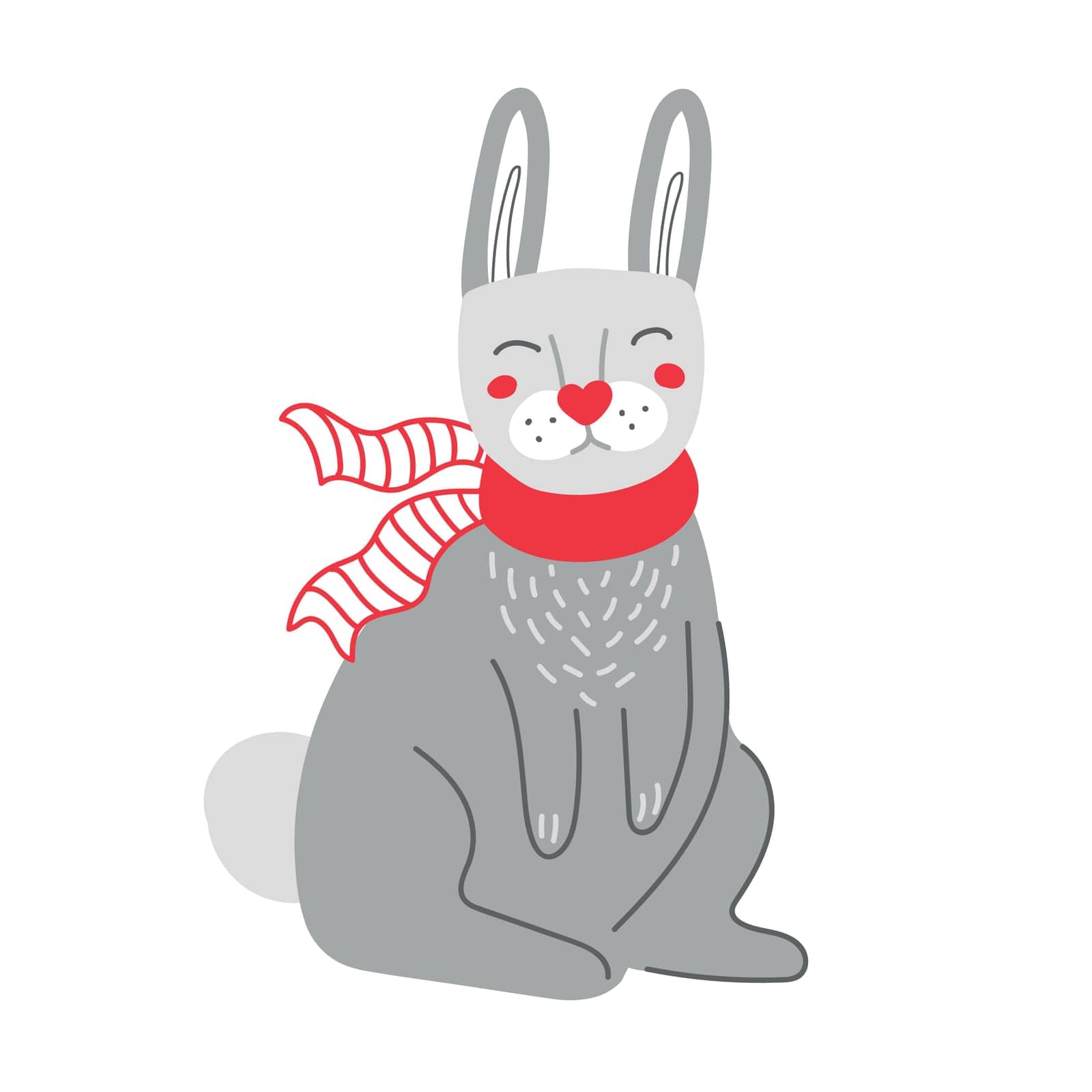 Funny cartoon rabbit in red scarf during Christmas holidays. Vector illustration on a white background