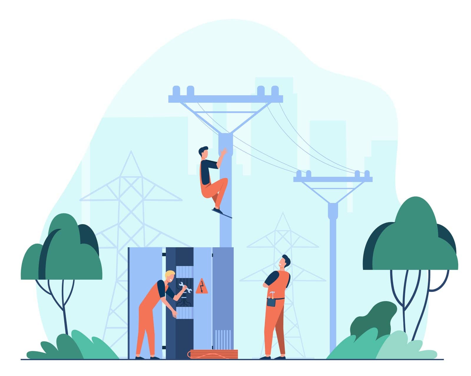 Technicians repairing generator transformer flat vector illustration. Cartoon electric workers making power distribution line. Electricity energy service and maintenance concept
