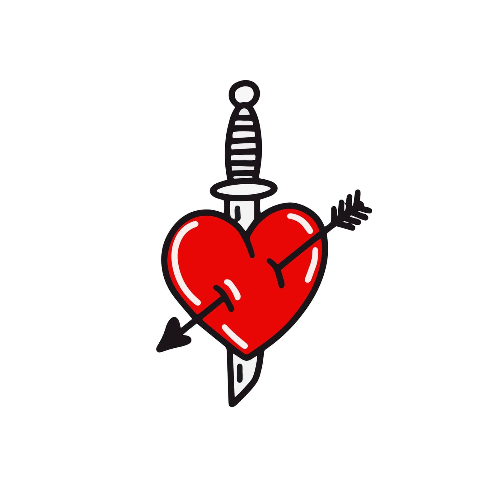 heart with a dagger in the style of old school tattoo. Vector illustration in doodle style. Vector illustration