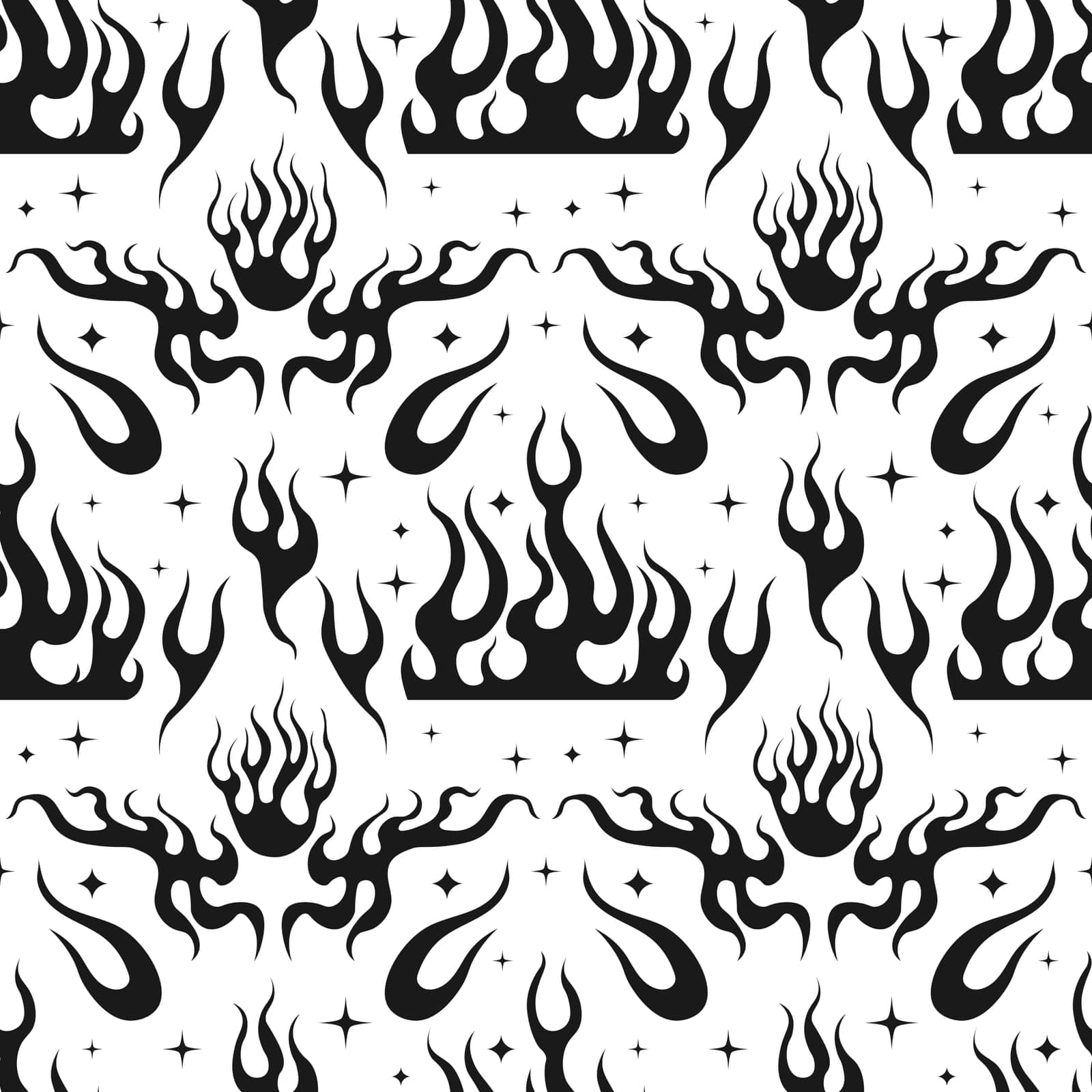 Flame Y2K Seamless fire pattern Psychedelic vector black background Retro Style. Funky summer abstract modern aesthetic print. Wall frame poster, banner or Social Media template.