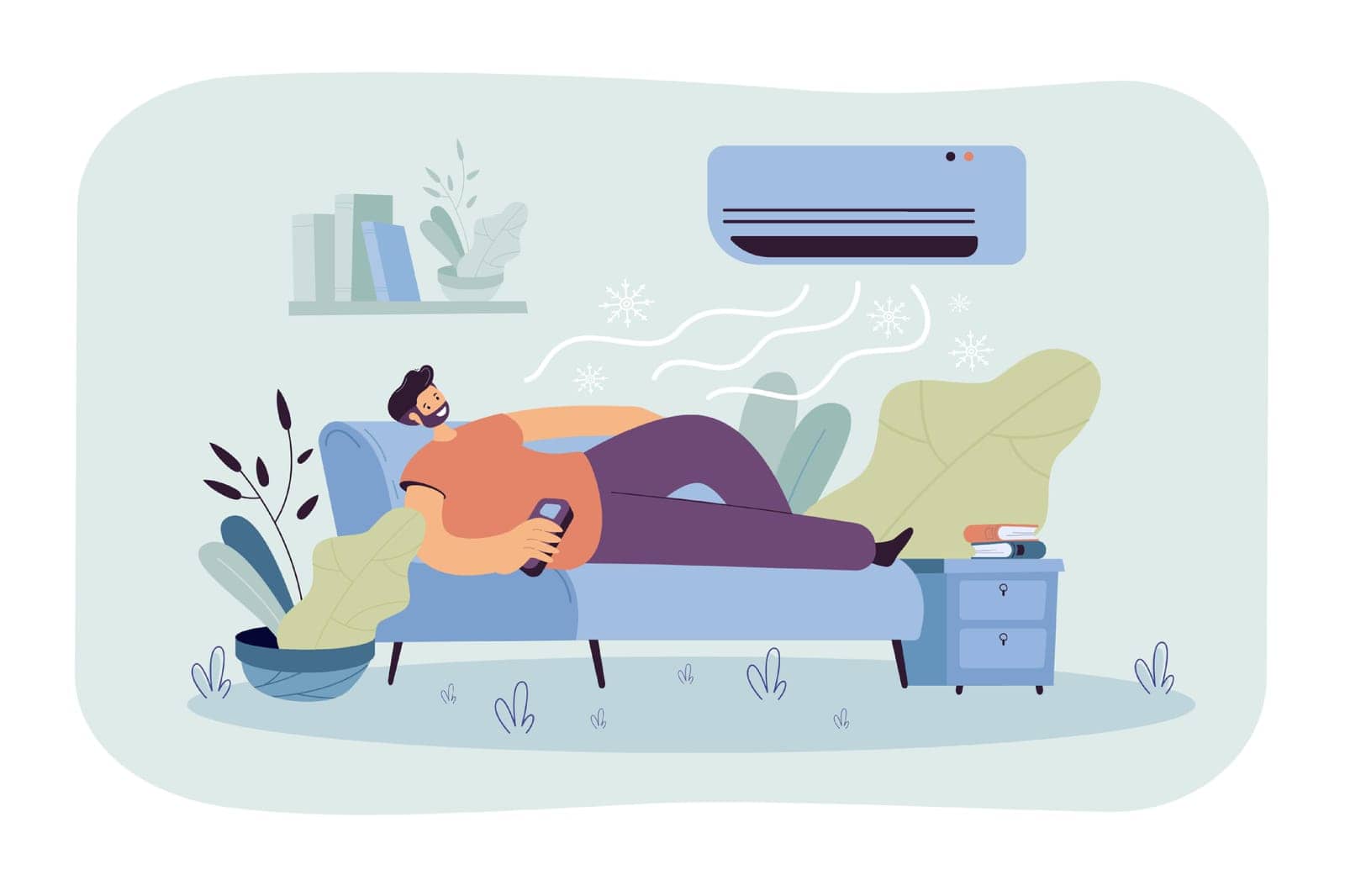 Man relaxing on couch under cold air flow from conditioner. Vector illustration for modern technology for house, home appliance, climate control concept