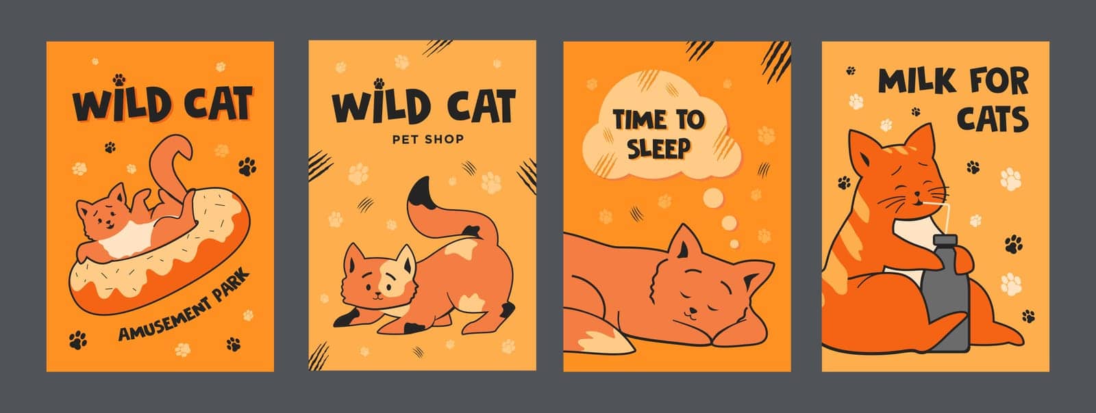Orange posters design with cute cats. Colorful brochures for pet shop with kitties. Pets and domestic animals concept. Template for promotional leaflet or flyer