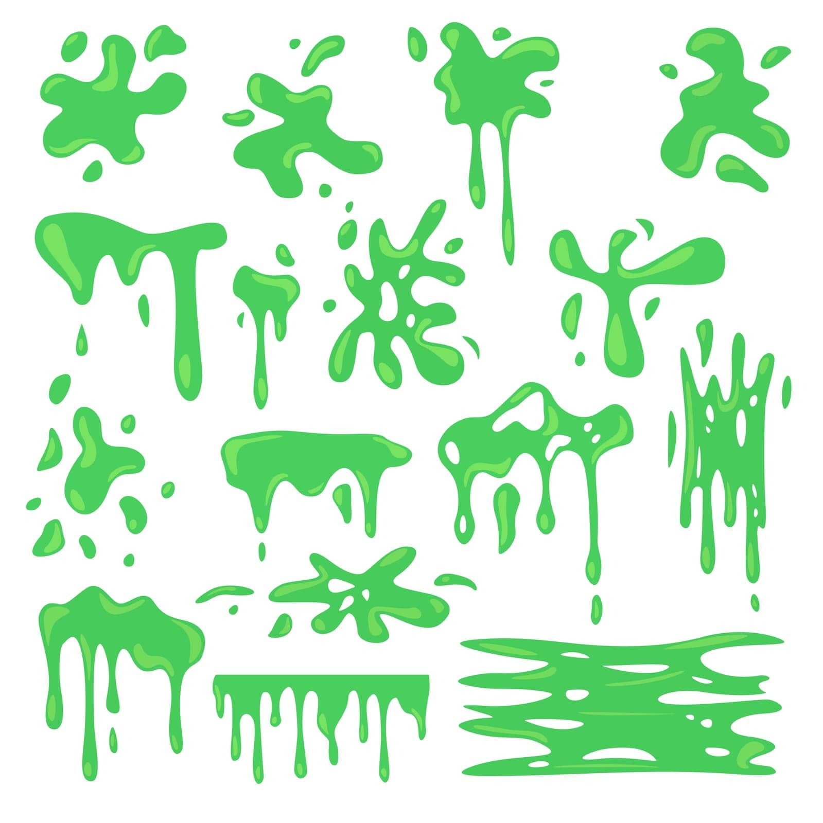 Toxic various green slime flat set for web design. Cartoon slimy goo splashes, blobs and mucus drops isolated vector illustration collection. Decorative shapes and liquid borders for design concept