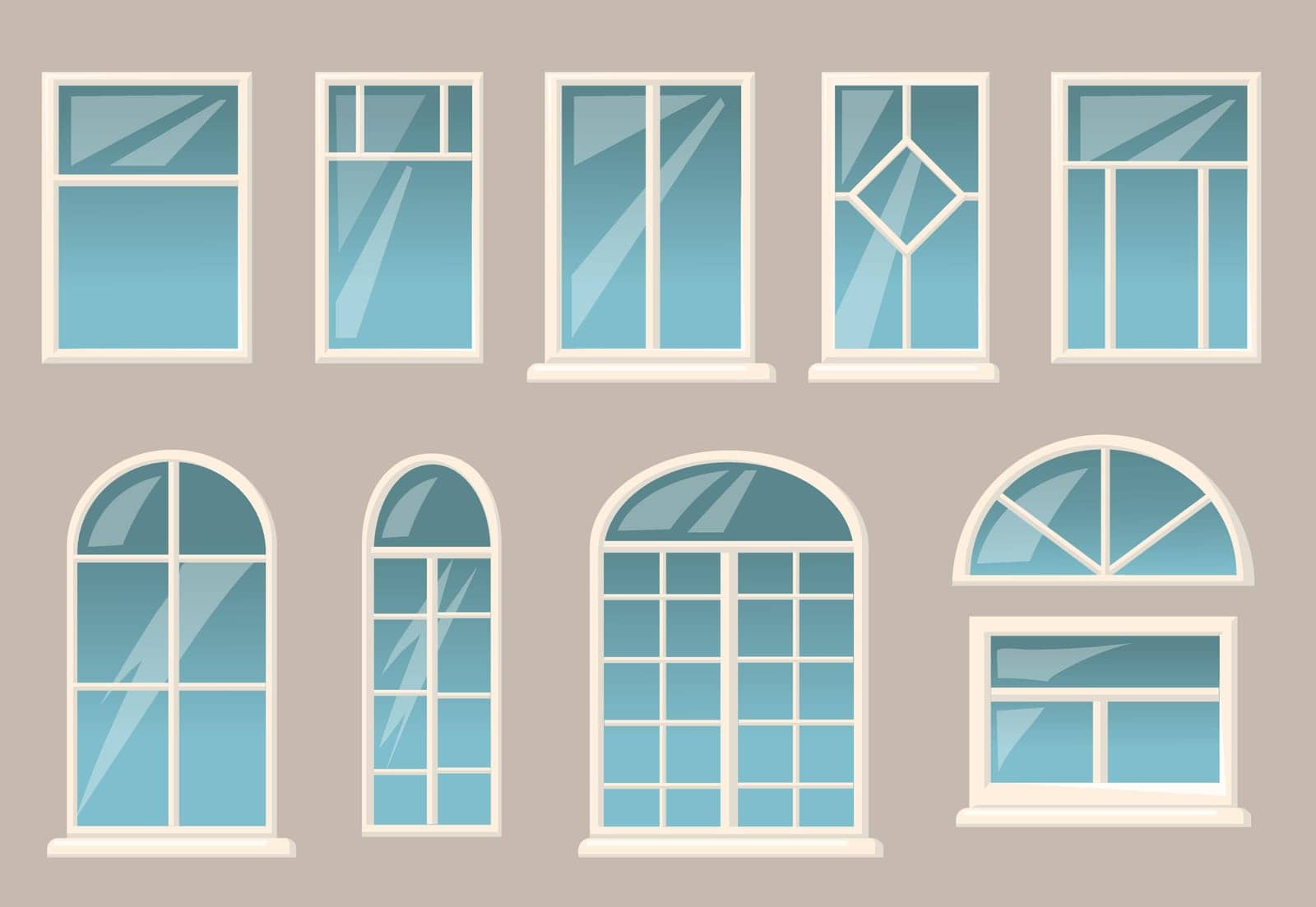 Various windows set. Different frames and glasses on grey building wall background. Vector illustrations collection for interior or exterior design, architecture concept