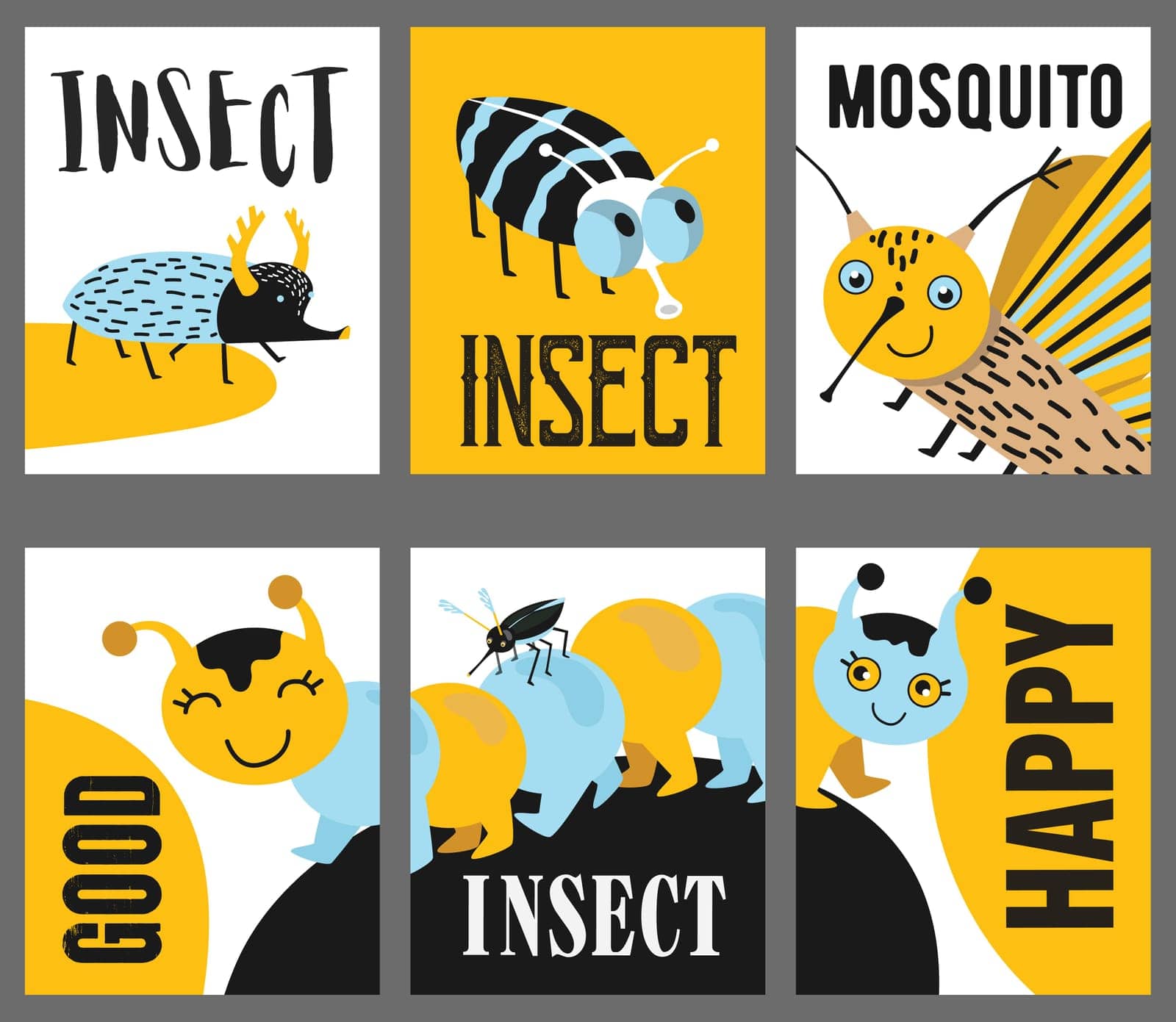 Yellow greeting card designs with childish insects. Creative postcards with May beetle, mosquito, caterpillar and chinch. Bugs and fauna concept. Template for promotional postcard or brochure