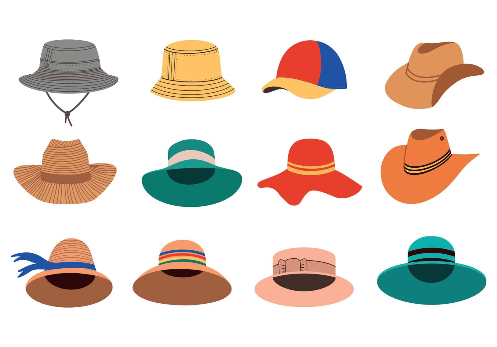 A set of summer womens hats. Summer and spring hats. Vector Flat Illustration.