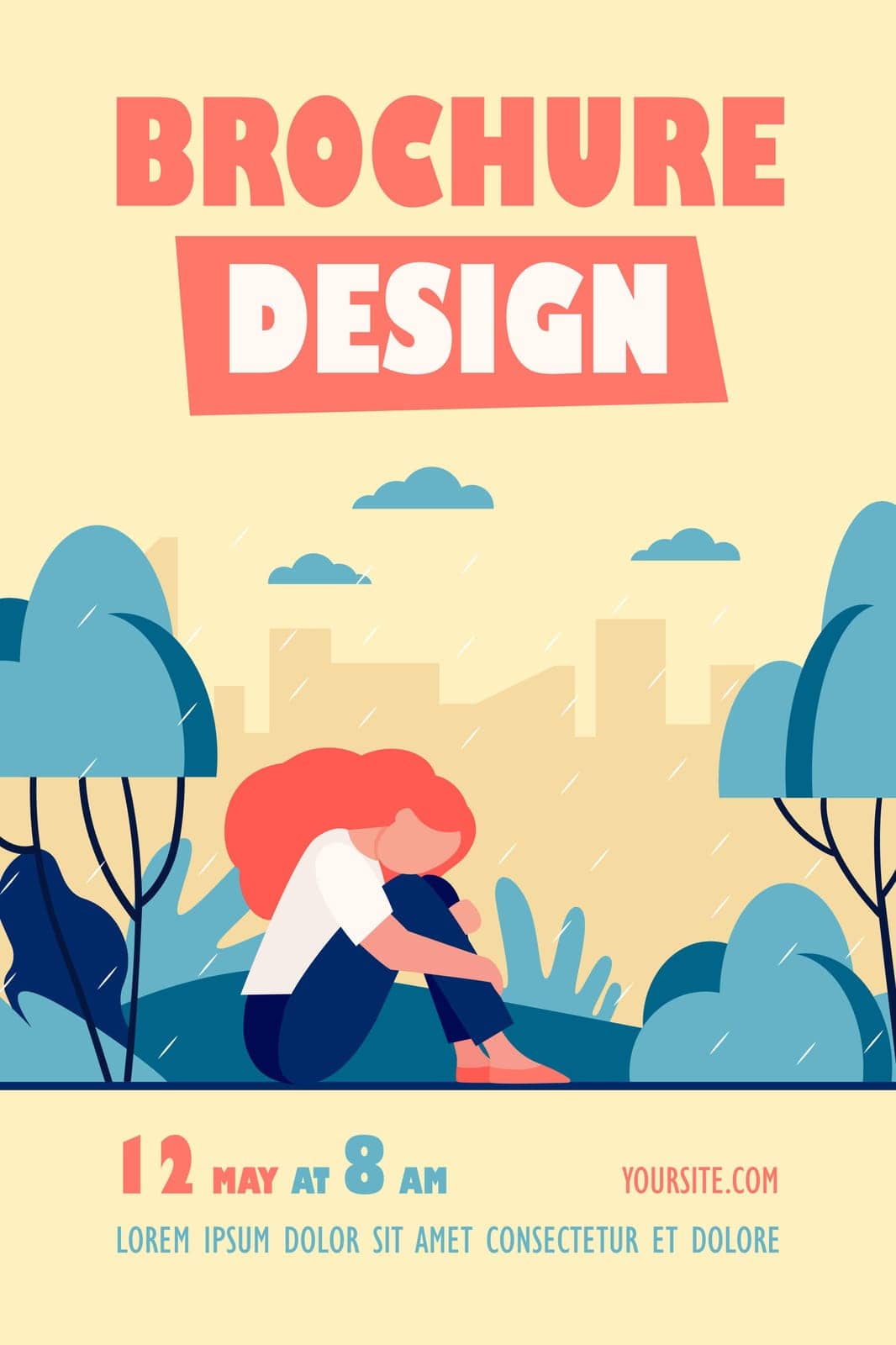 Unhappy girl in rain. Sad woman sitting in rainy park outdoors flat vector illustration. Depression, stress, loneliness concept for banner, website design or landing web page