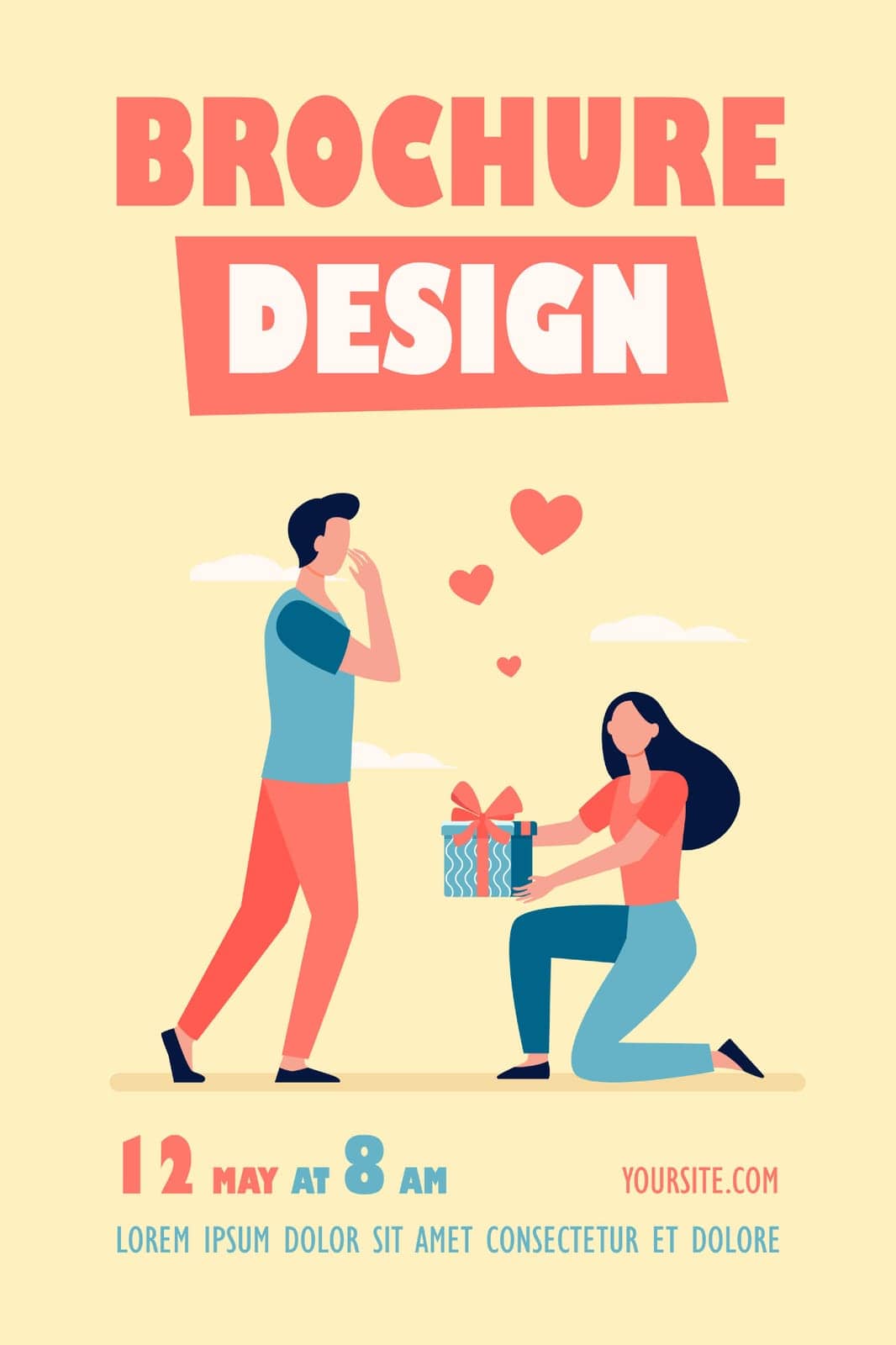 Woman giving gift to her boyfriend. Girl with present box getting down on one knee flat vector illustration. Love, special date concept for banner, website design or landing web page