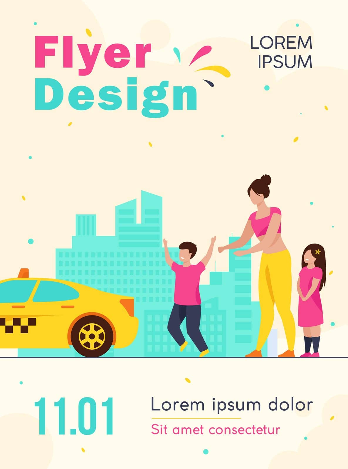 Woman with children catching taxi. Kid, vehicle, city flat vector illustration. Transportation and urban lifestyle concept for banner, website design or landing web page
