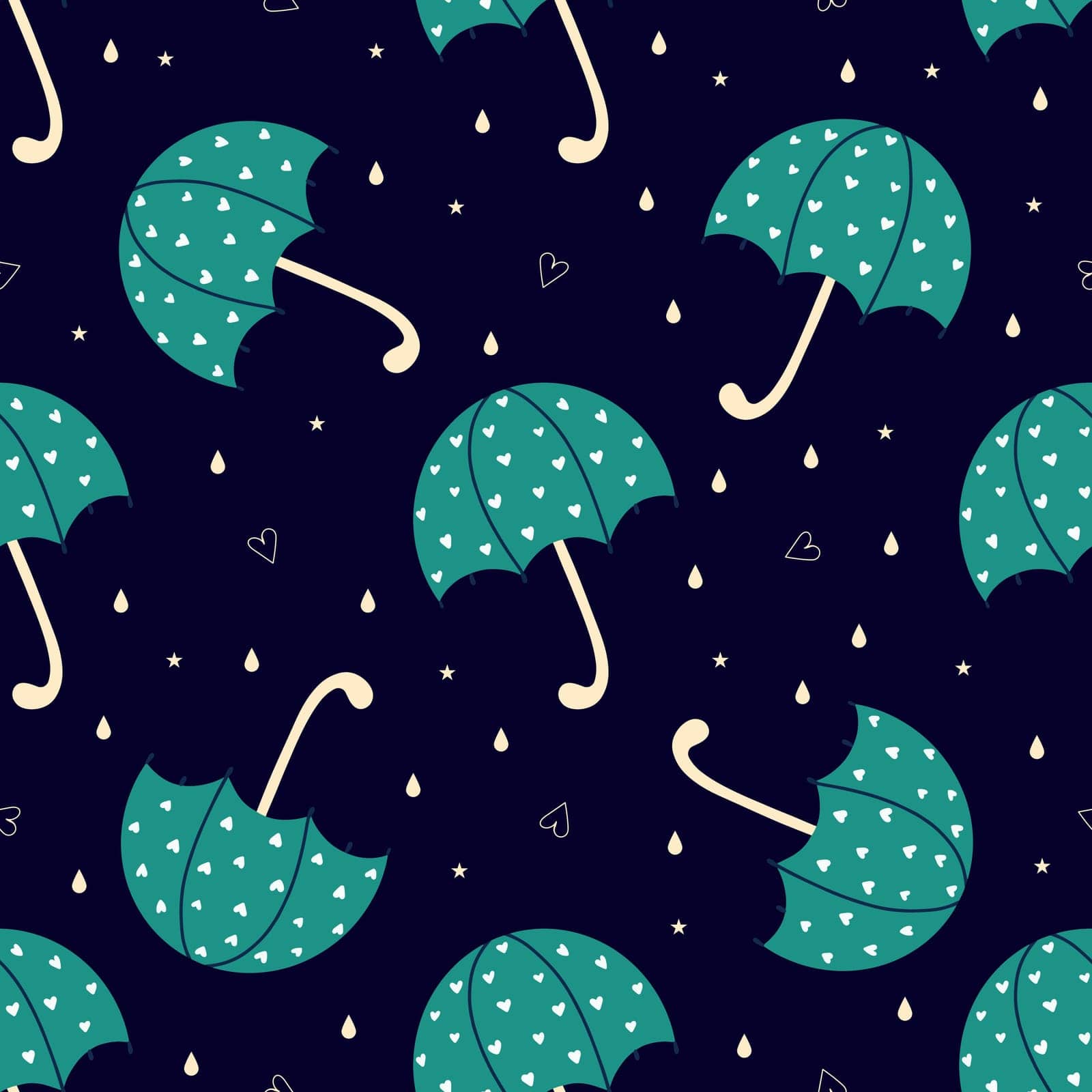 pattern with green umbrellas and hearts on a blue surface. Cute autumn pattern with an umbrella