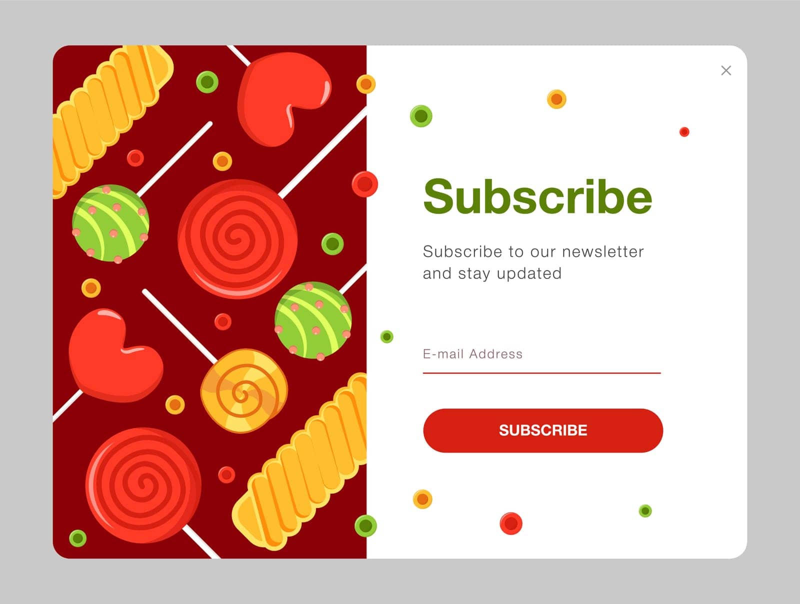 Newsletter design with candies. Colorful sweets, lollypops vector illustration with subscribe button, box for email address Confectionery, sweet shop concept for subscription letter design