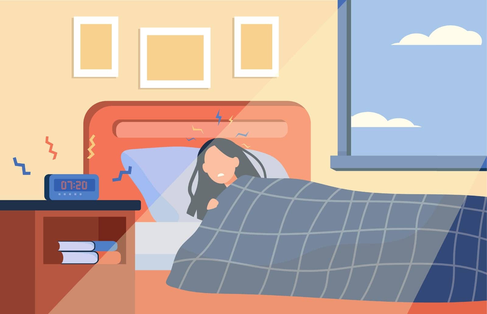 Tired woman waking up when alarm clock ringing. Morning, bed, sleep flat vector illustration. Insomnia and digital technology concept for banner, website design or landing web page