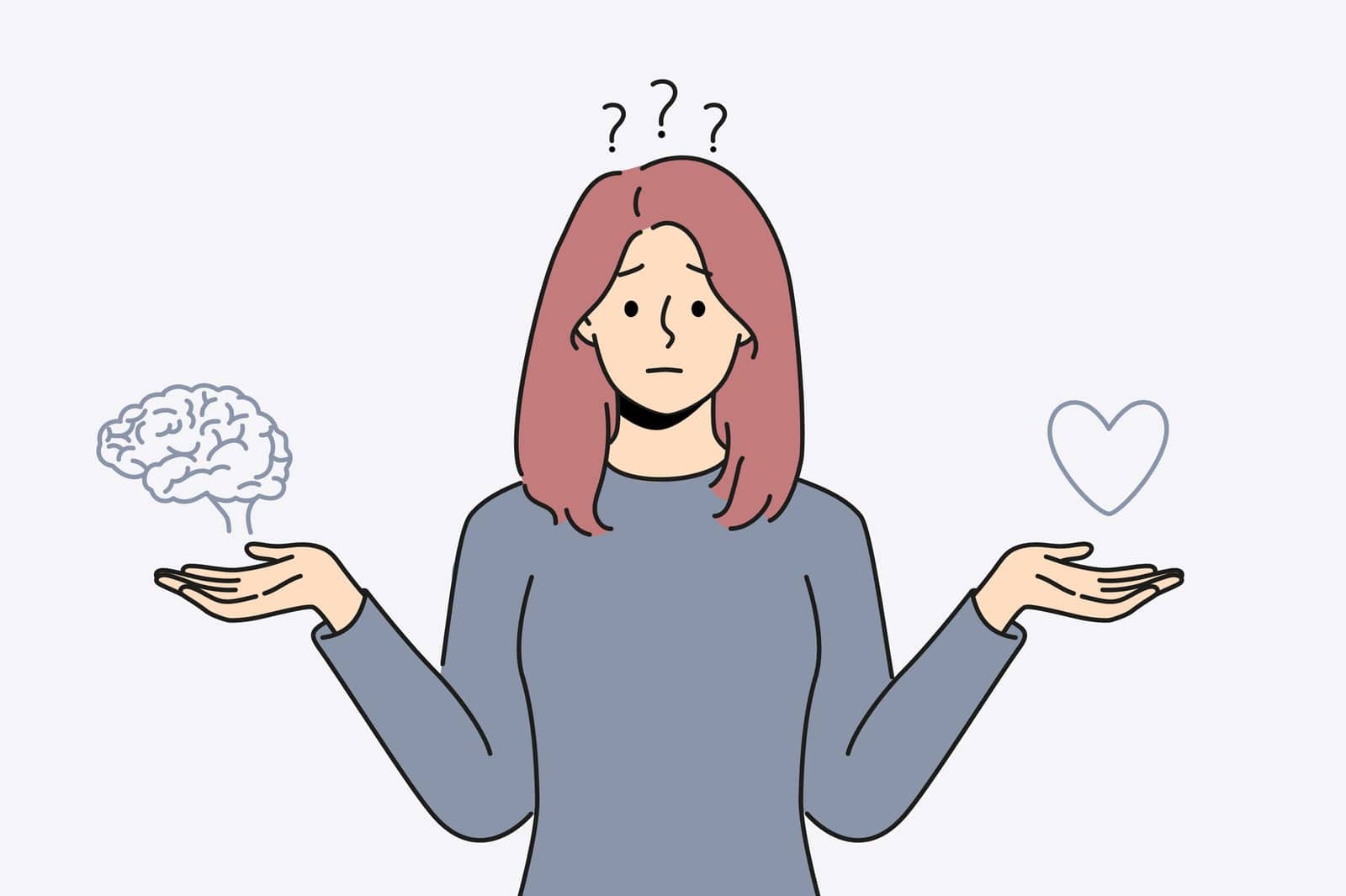 Confused woman choose between heart and brain. Frustrated girl make decision between emotions and reason. Vector illustration.