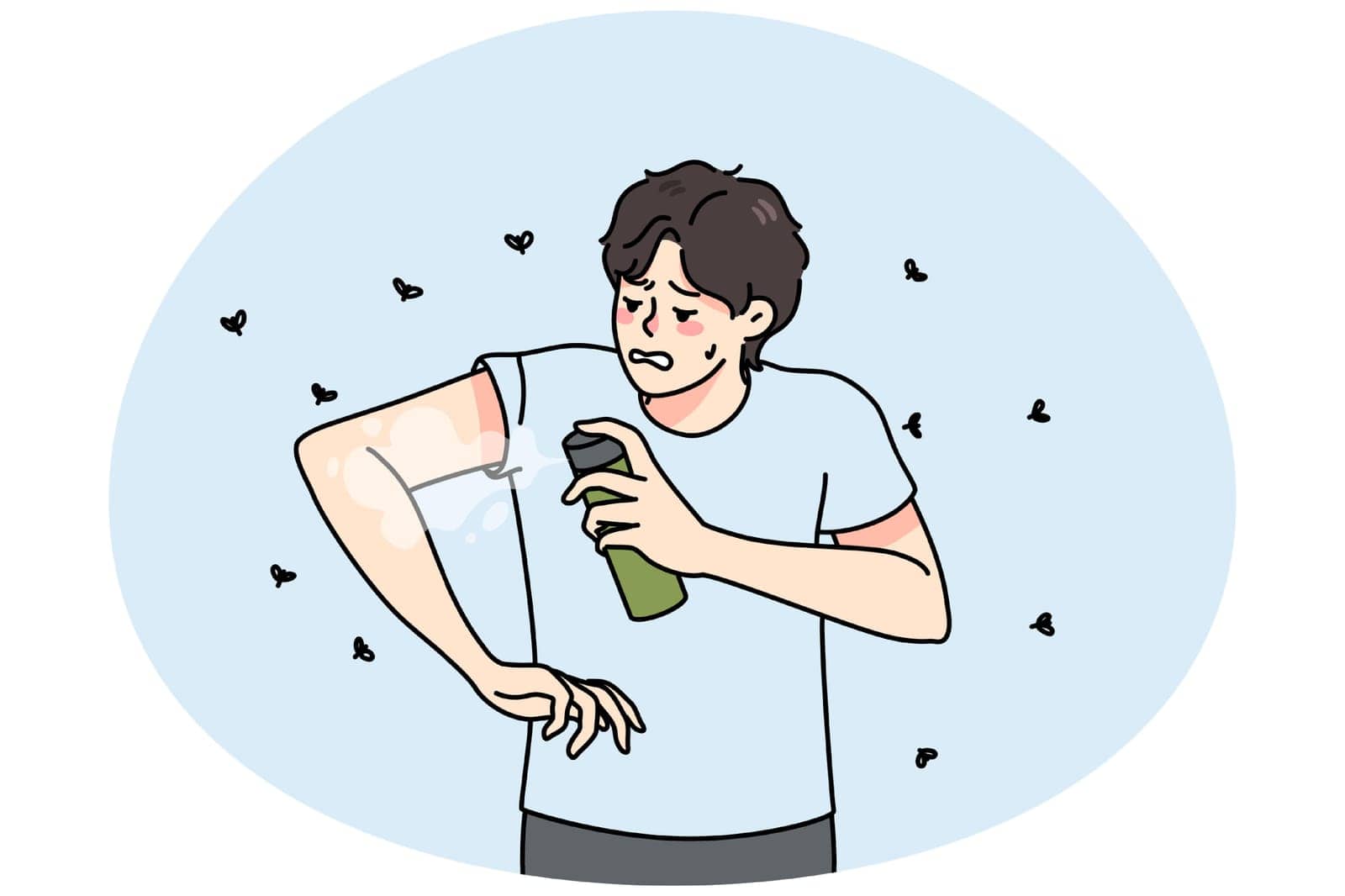Young man apply anti-mosquito spray by Vasilyeva