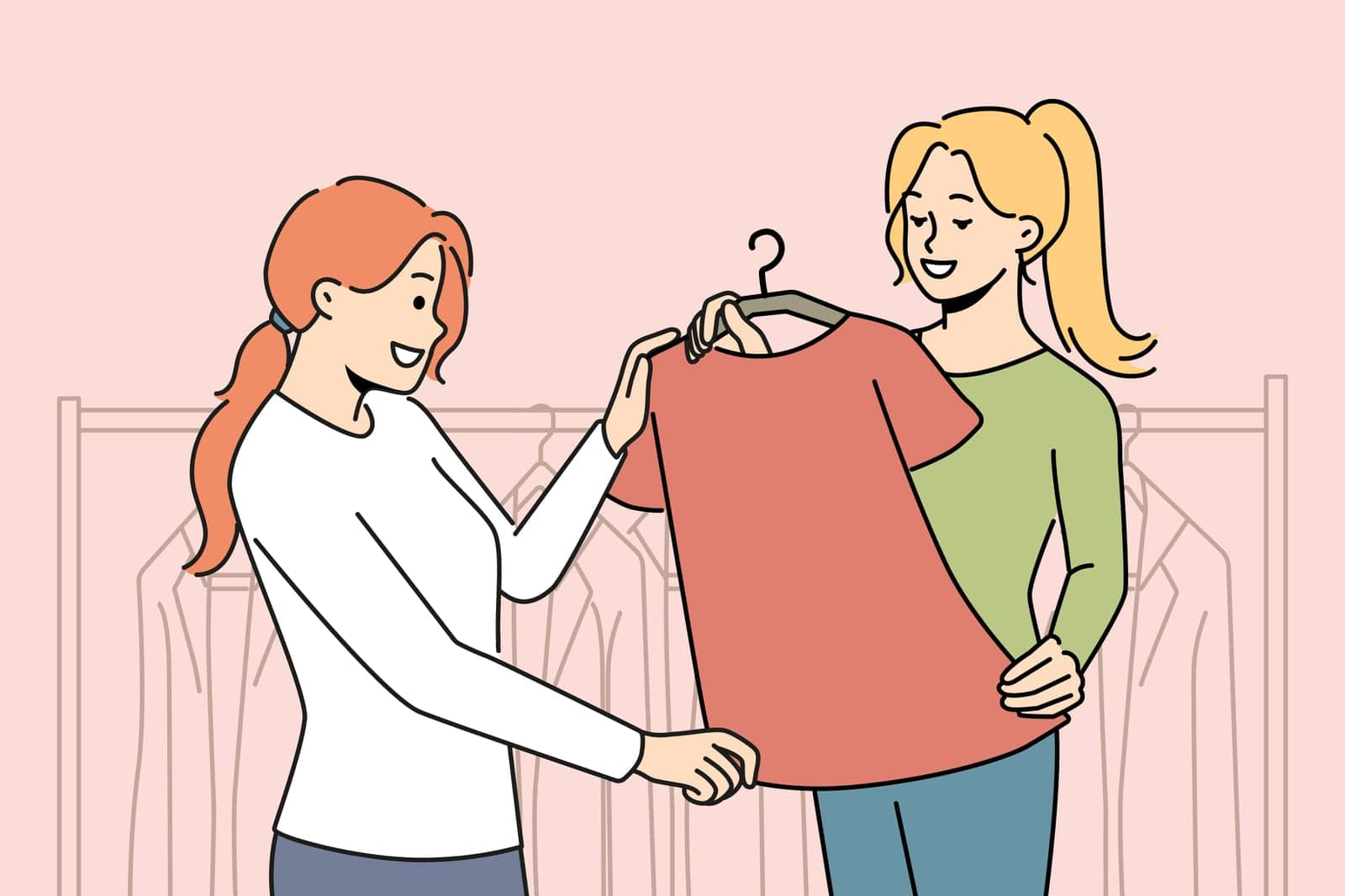 Smiling consultant help client with clothes choose in store. Woman buy apparel in boutique. Fashion and consumerism. Vector illustration.