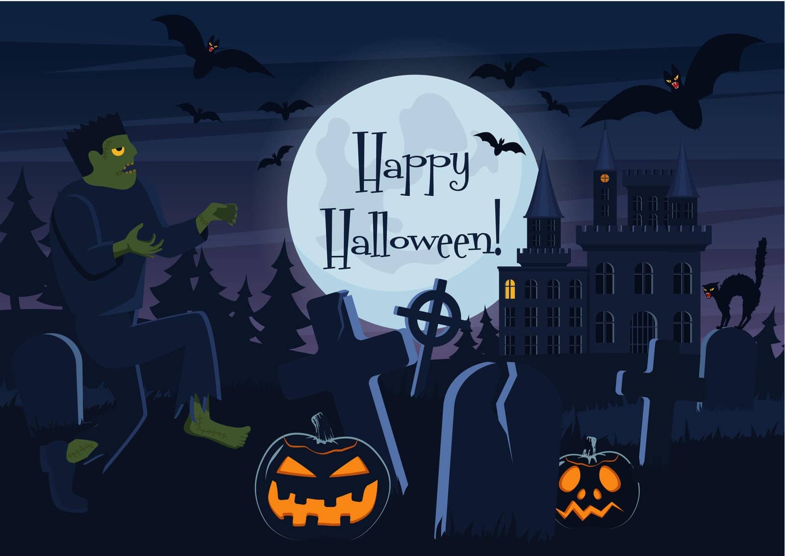 Vector illustration of Happy Halloween postcard and graveyard with zombie, pumpkin creatures and decorations