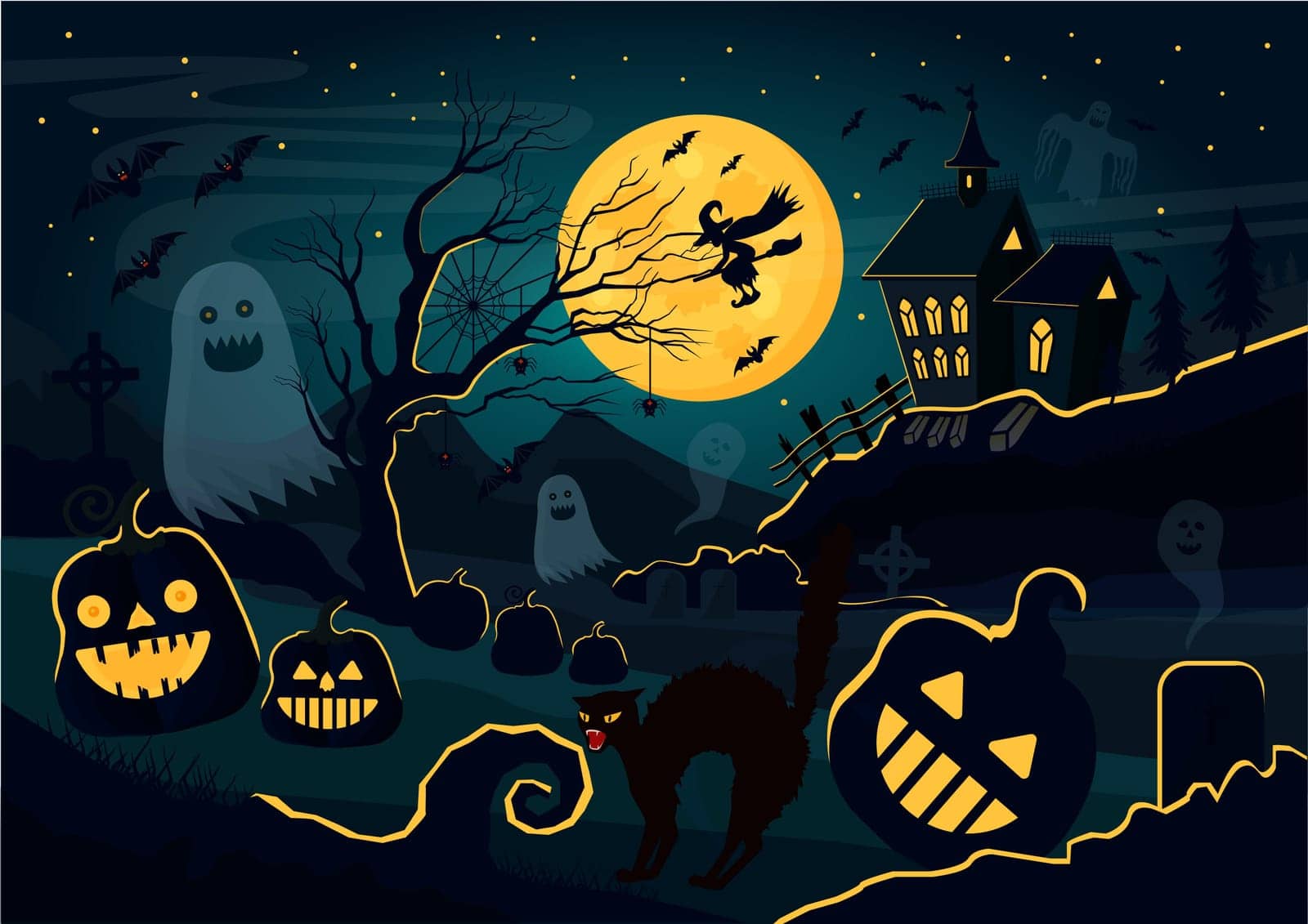 Vector illustration of silhouettes of ghosts, pumpkins, witch, scary cat and other different creatures and decorations for Halloween