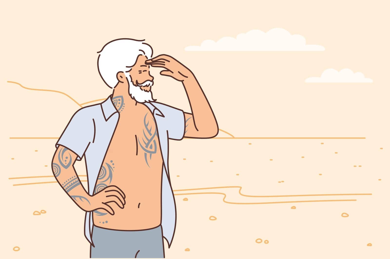 Elderly brutal man stands on beach in unbuttoned shirt and looks in distance enjoying life by Vasilyeu
