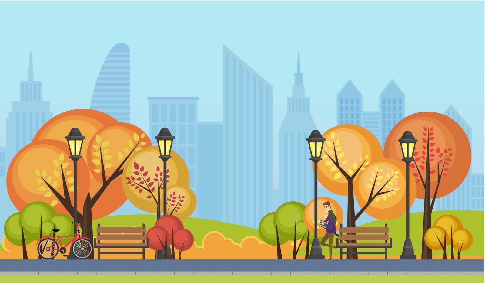 Vector illustration of a beautiful autumn public city park with city skyscrapers buildings on background. by Lembergvector