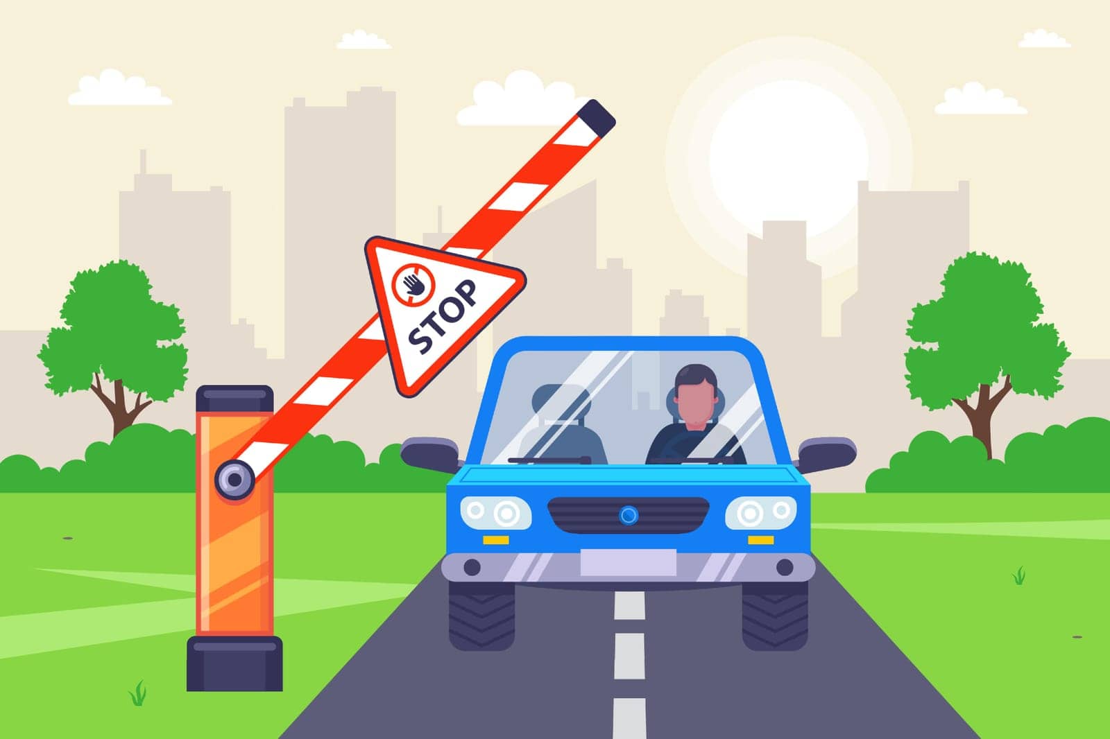 skip the blue car on the toll road. flat vector illustration.
