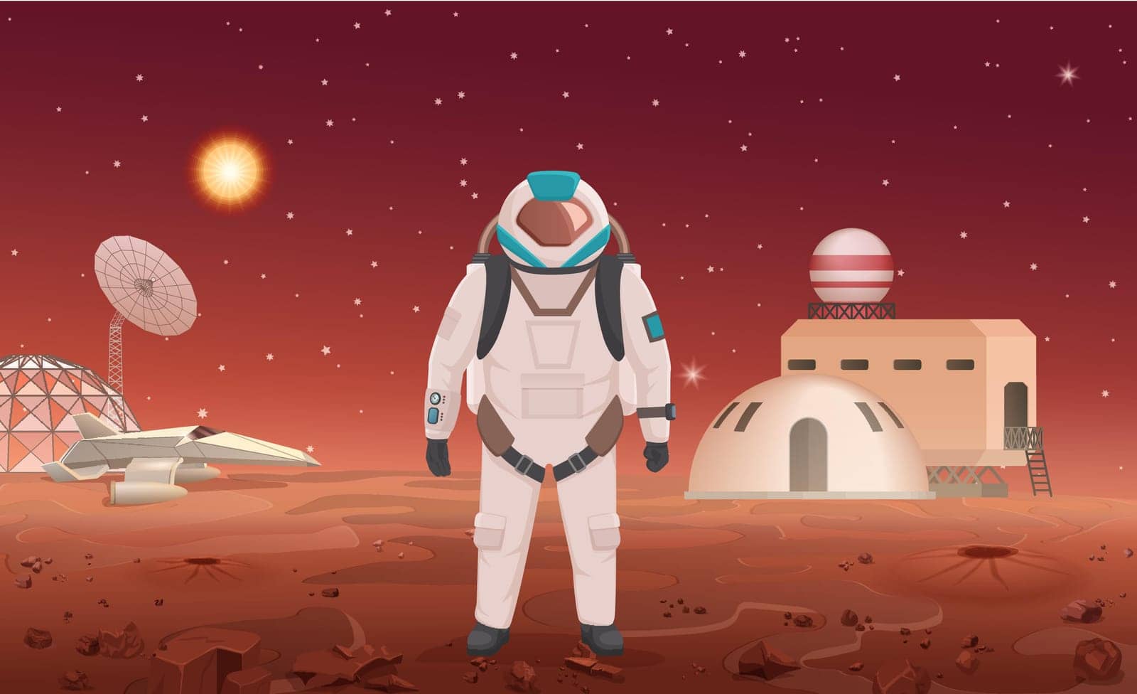 Vector illustration of astronaut in spacesuit standing at colony on planet