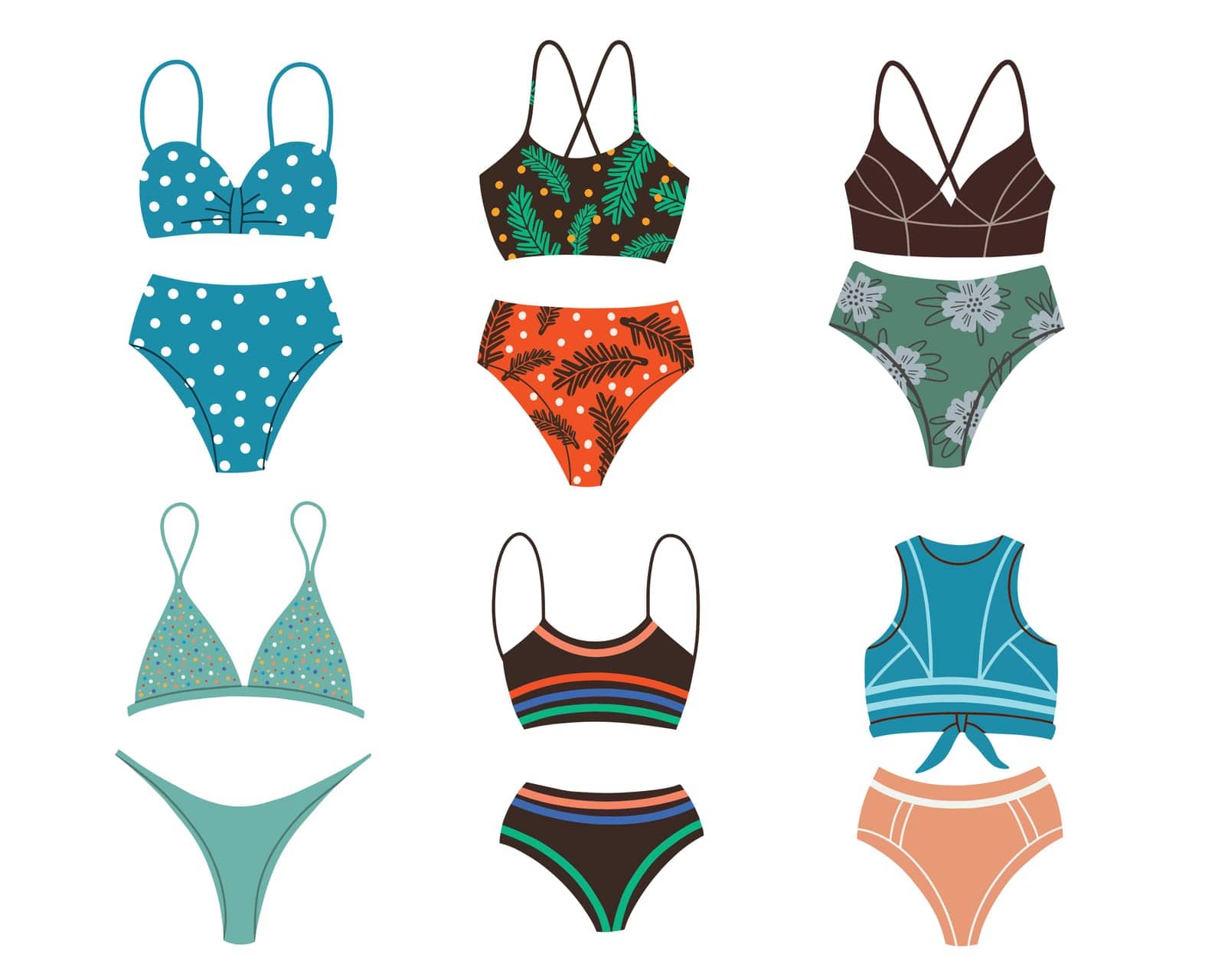 A set of different fashionable swimsuits. Beachwear. Two-piece bathing suits, swimsuits in retro style, sports. Vector Flat Illustration