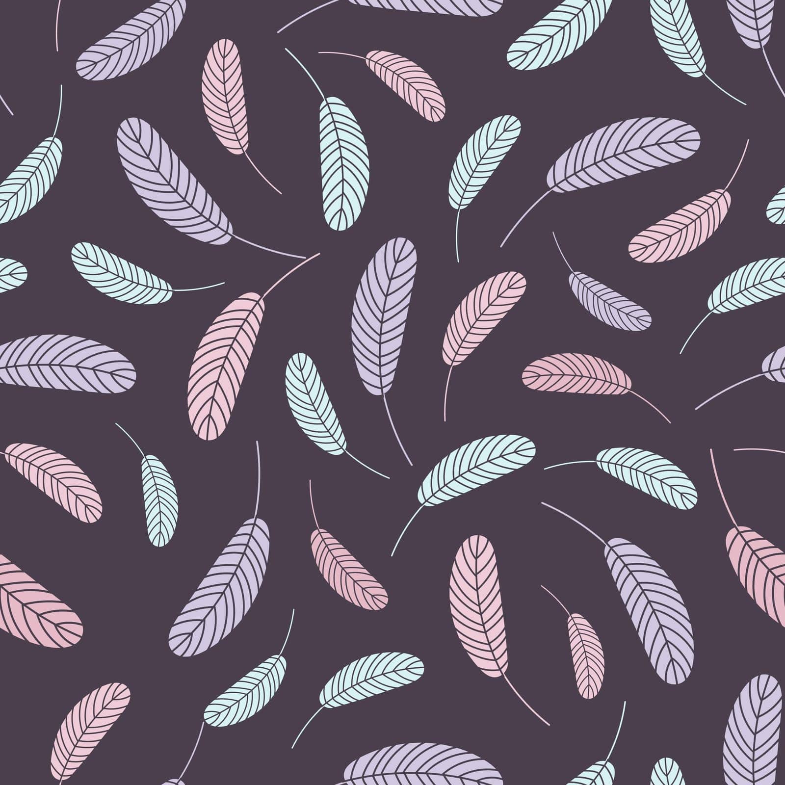 Bird feathers seamless pattern. Easter pattern with chicken feathers. Vector flat illustration. Design for textiles, packaging, wrappers, greeting cards, paper, printing.