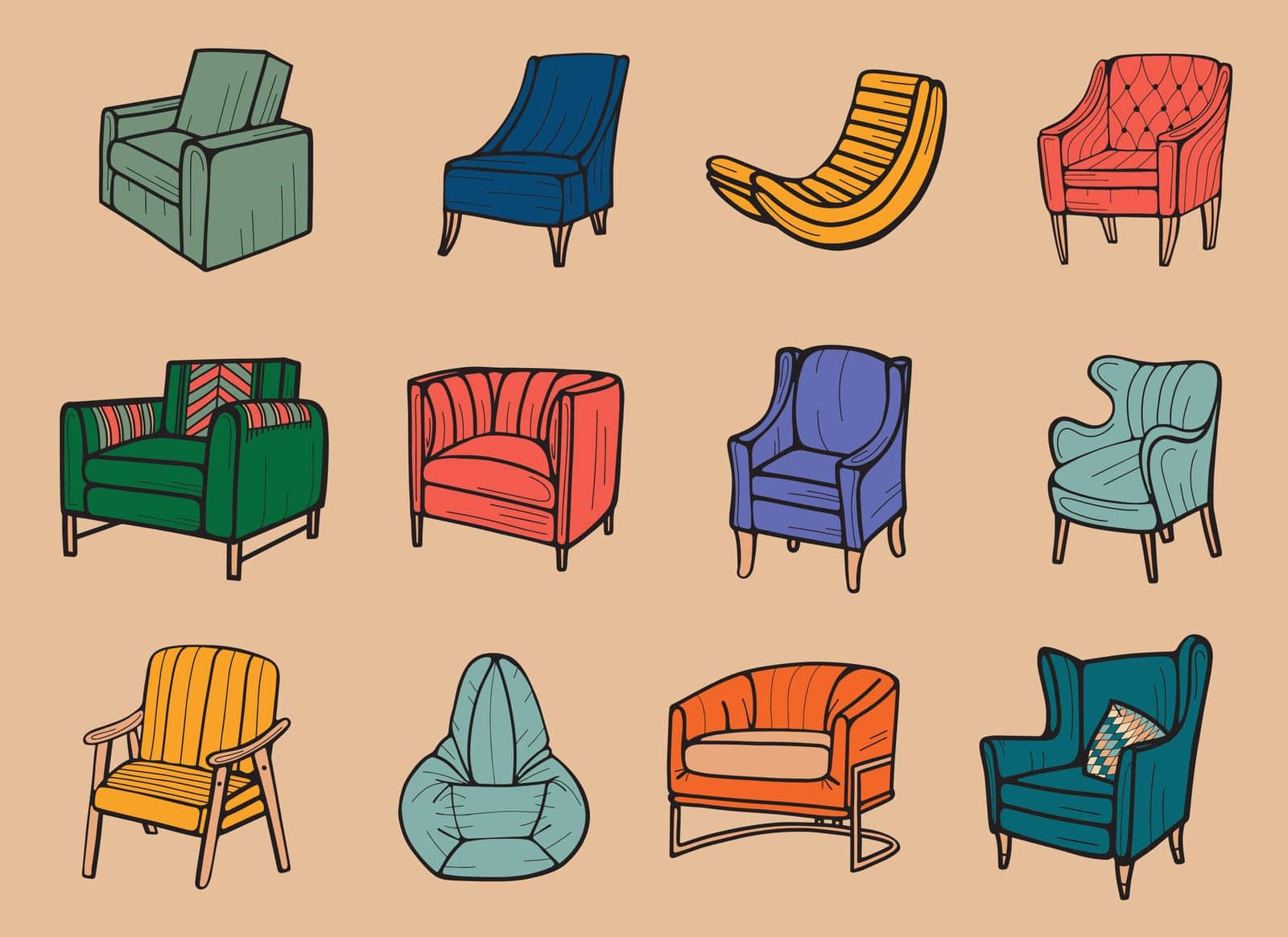 Set of different modern and vintage armchairs. Furniture vector realistic hand drawn illustration
