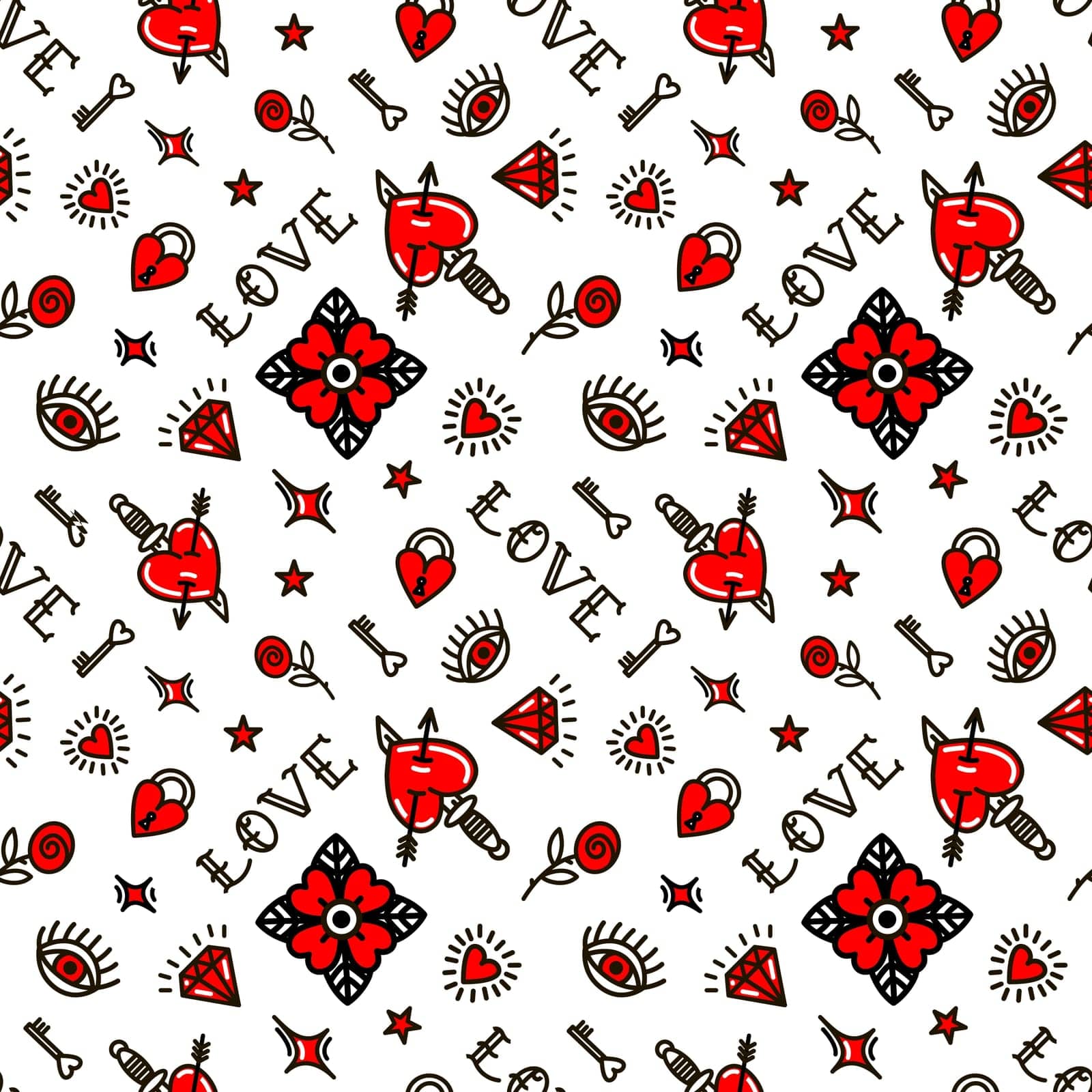 Old school tattoo seamless pattern with love symbols. Vector illustration. Design For Valentines Day, Stilts, Wrapping Paper, Packaging, Textiles