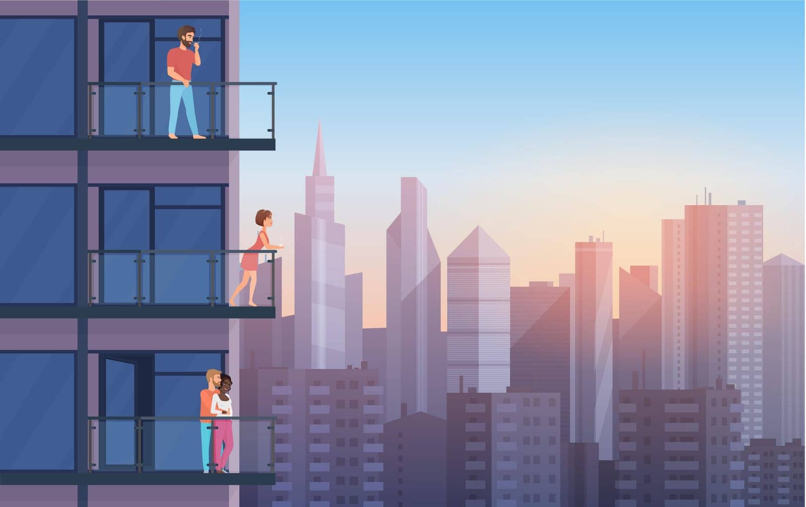 Apartment Balcony in modern house with resting people in sunset. Urban sityscape skyscrapers background cartoon vector illustration. by Lembergvector