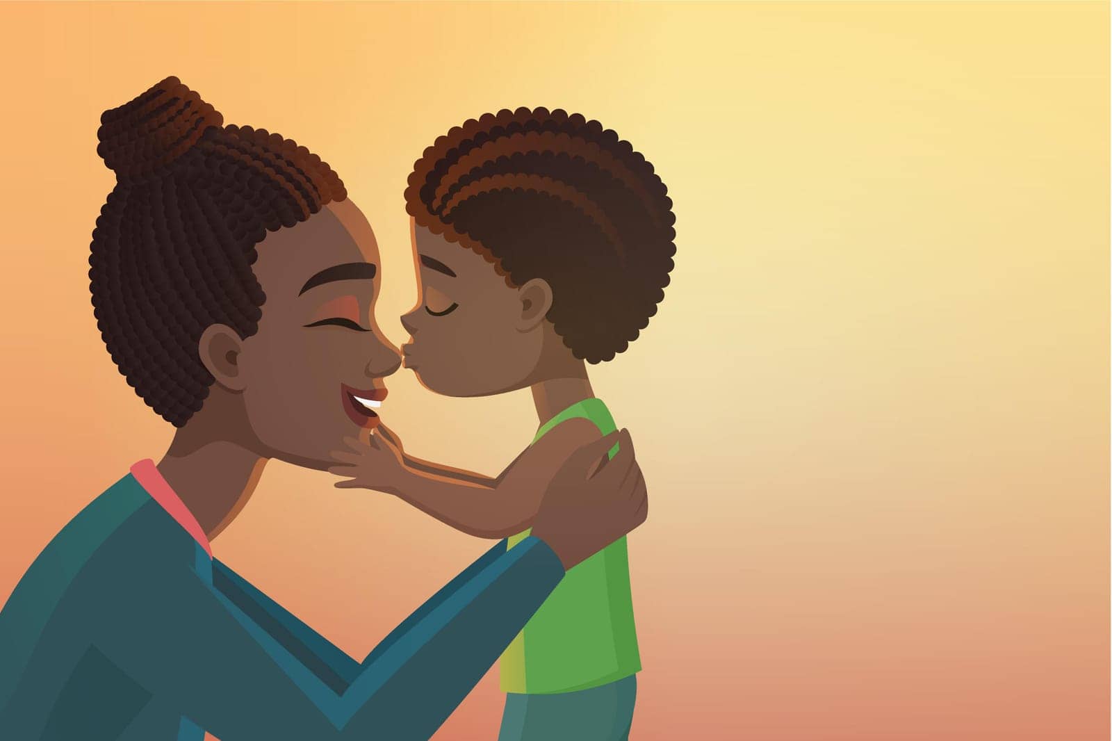 Cute little black african american boy kid kisses his happy mother cartoon vector illustration