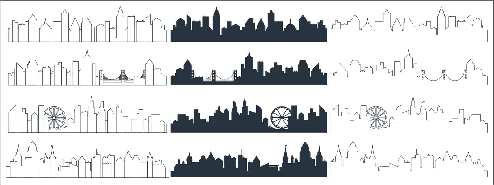 Complex line, continuous line and flat black city skyline silhouette. Skyscrapers background vector illustration. by Lembergvector