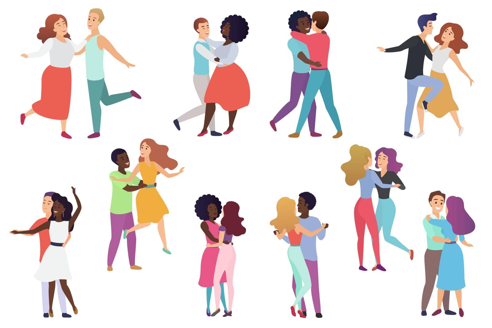 Male and female pairs of dancers. Men and women couple, Group of happy dancing people. People dance party vector illustration