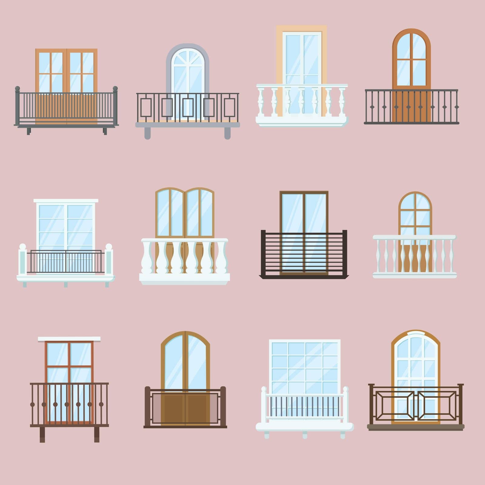 Windows and balconies set. Classic and old vintage architecture balconies with fence railings decor design. Flat vector illustration. Building facade decoration concept