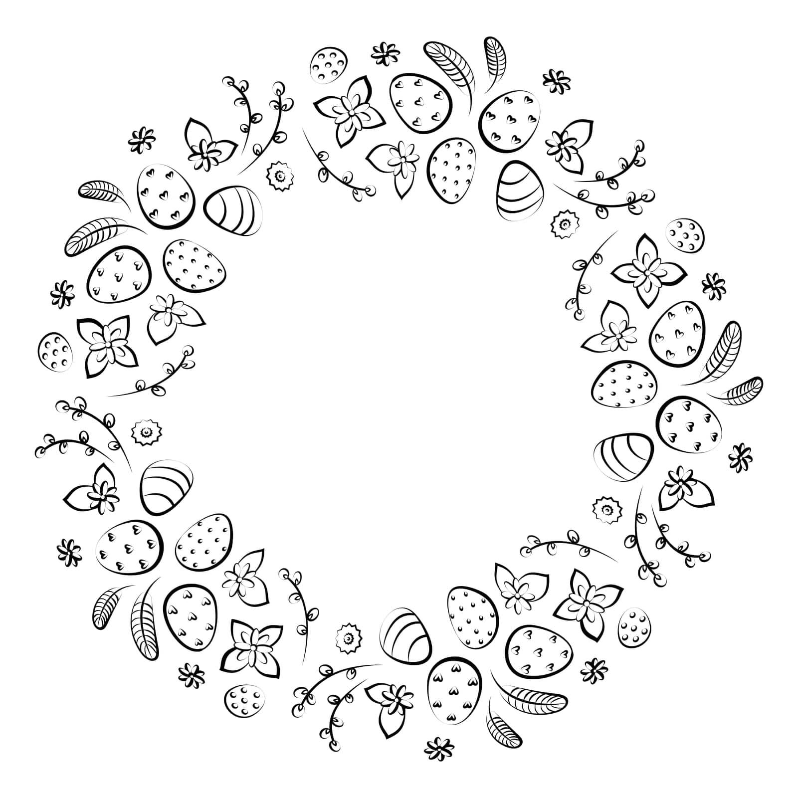 Vector linear illustration of Easter wreath made of flowers and eggs and feathers