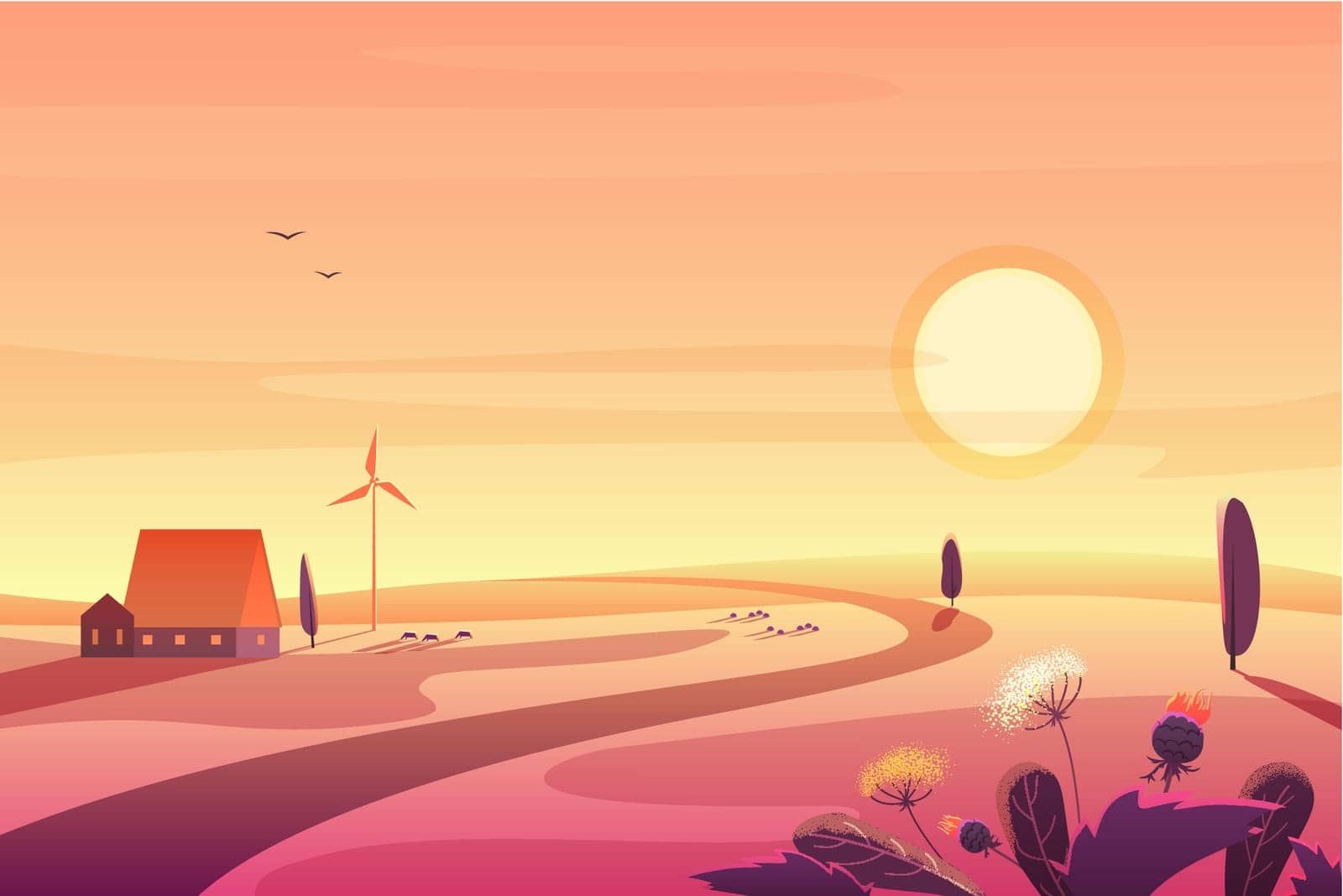 Solar rural landscape in sunset with hills, small house, wind turbine vector illustration