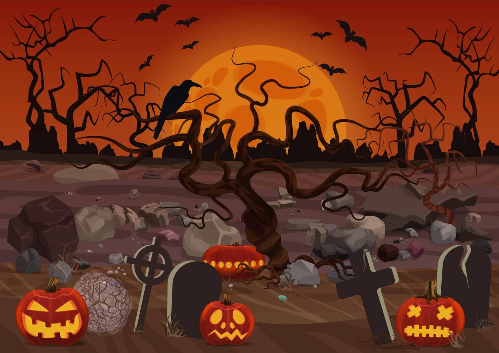 Spooky graveyard flat vector background. Creepy halloween wallpaper with tombstones and pumpkins. Helloween gothic backdrop. Mystery cemetery with raven on tree and full moon cartoon illustration